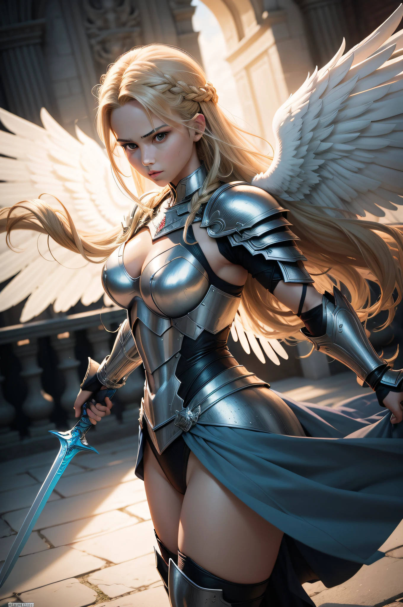 (Comic book cover art: 1.5), an female archangel prepared for battle, an extremally beautiful warrior angel, ultra feminine, long hair, blond hair, braided hair, wearing divine heavy armor, (white armor: 1.2), (angel wings: 1.2) spread, aremed with fantasysword sword, sword covered with blue fire, 16k, RAW, ultra wide shot, photorealism, depth of field, hyper realistic, 2.5 rendering, comic cover