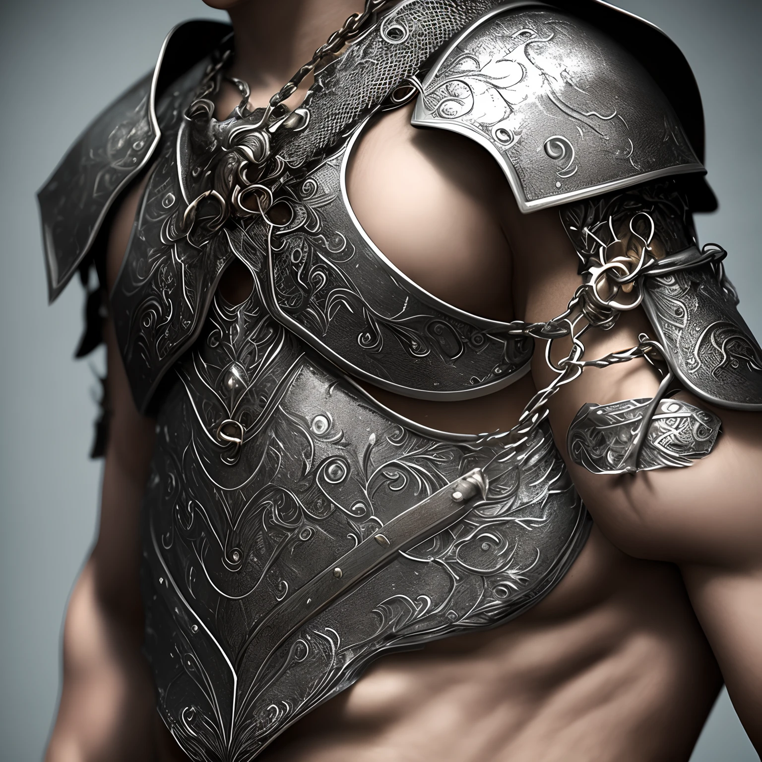 Medieval warrior with shield and sword, shirtless, strong, with tattoos and long beard