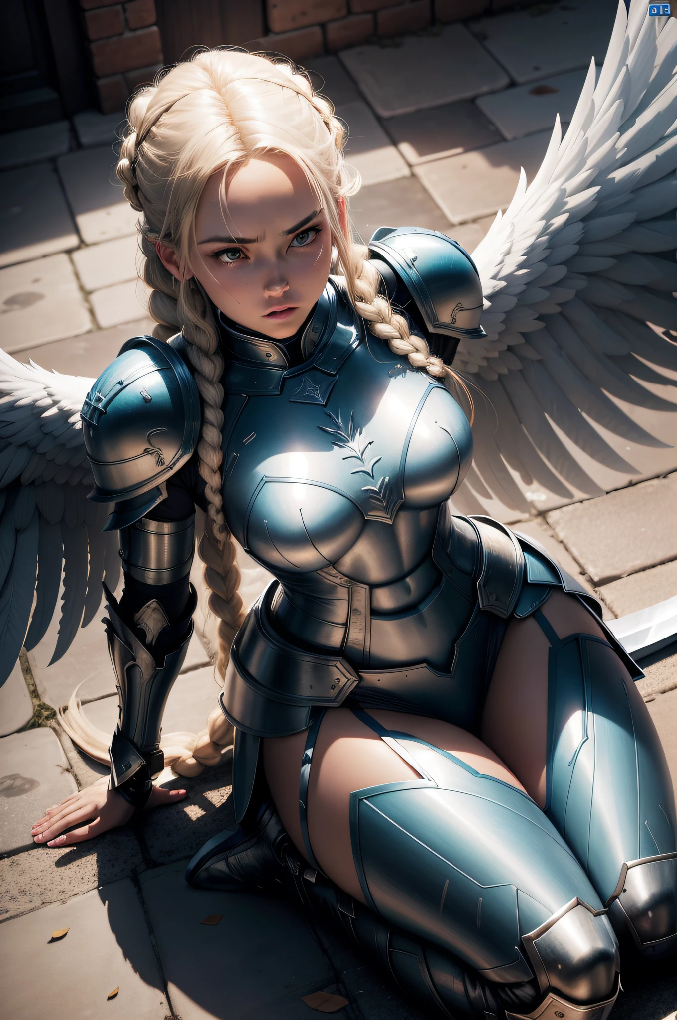 (Comic book cover art: 1.5), an female archangel prepared for battle, an extremally beautiful warrior angel, ultra feminine, long hair, blond hair, braided hair, wearing divine heavy armor, (white armor: 1.2), (angel wings: 1.2) spread, aremed with fantasysword sword, sword covered with blue fire, 16k, RAW, ultra wide shot, photorealism, depth of field, hyper realistic, 2.5 rendering, comic cover