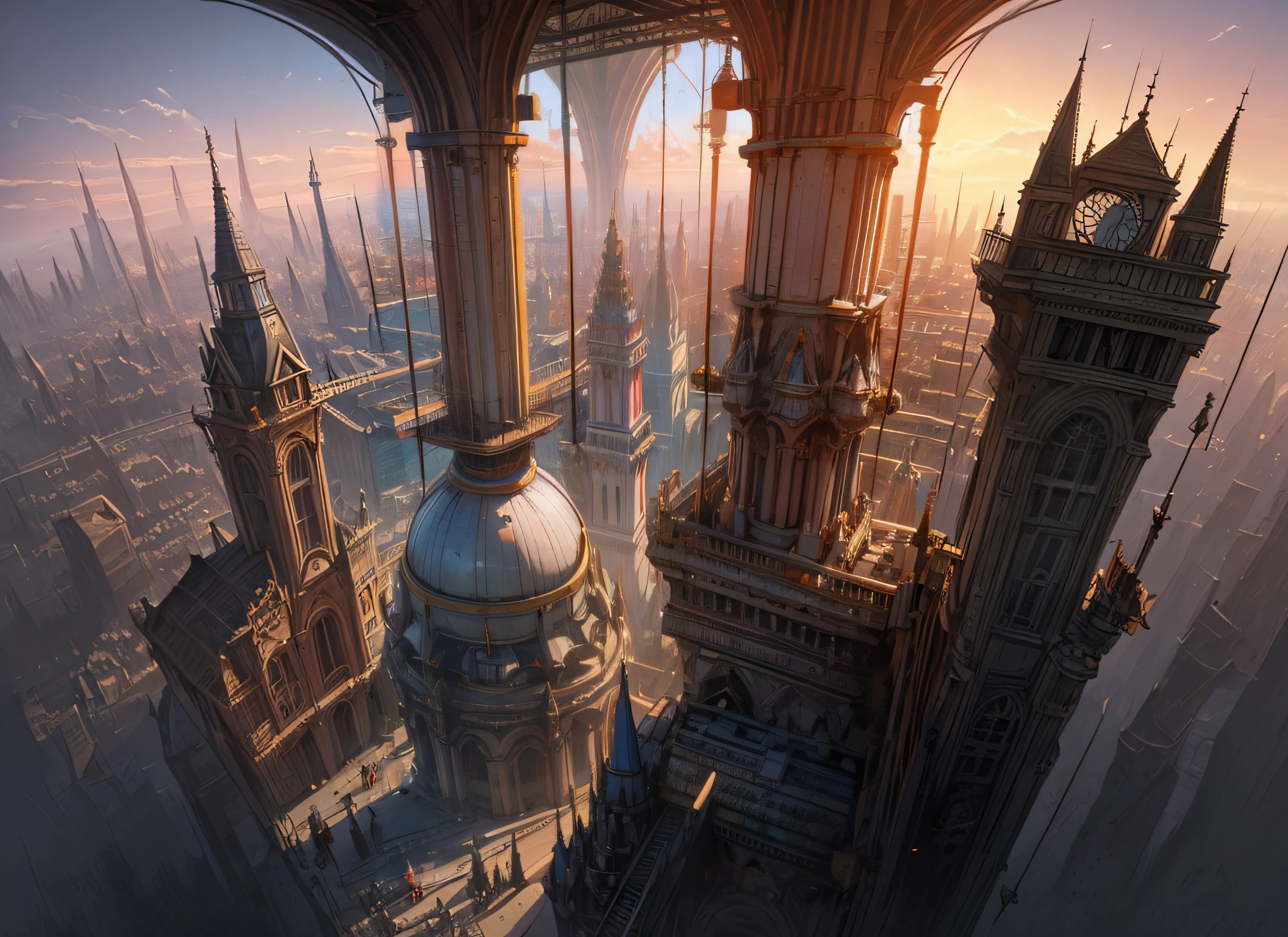 a view of a city with a clock tower and a clock tower, marc simonetti. intricate, inspired by Raphael Lacoste, by Raphael Lacoste, martin raphael lacoste, style of raphael lacoste, inspired by Craig Mullins, andreas rocha and john howe, jessica rossier fantasy art, victorian steampunk city vista, art style of marc simonetti