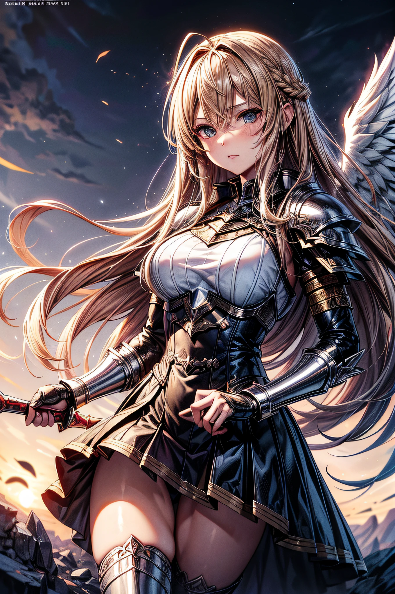 (Comic book cover art: 1.5), an female archangel prepared for battle, an extremally beautiful warrior angel, ultra feminine, long hair, blond hair, braided hair, wearing divine heavy armor, (white armor: 1.2), (angel wings: 1.2) spread, aremed with fantasysword sword, sword covered with blue fire, 16k, RAW, ultra wide shot, photorealism, depth of field, hyper realistic, 2.5 rendering, comic cover