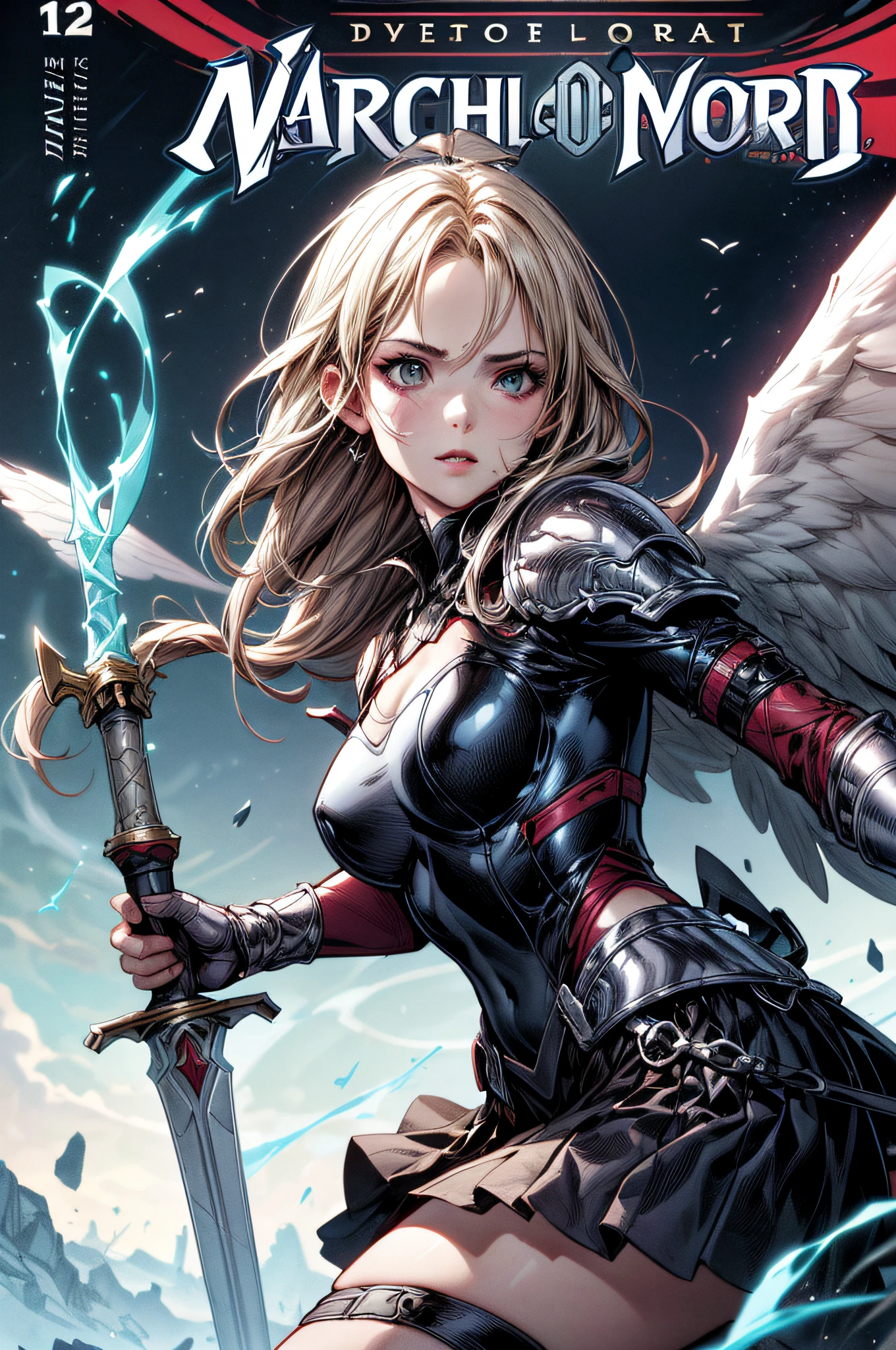 (Comic book cover art: 1.5), an female archangel prepared for battle, an extremally beautiful warrior angel, ultra feminine, long hair, blond hair, braided hair, wearing divine heavy armor, (white armor: 1.2), (angel wings: 1.2) spread, aremed with fantasysword sword, sword covered with blue fire, 16k, RAW, ultra wide shot, photorealism, depth of field, hyper realistic, 2.5 rendering, comic cover