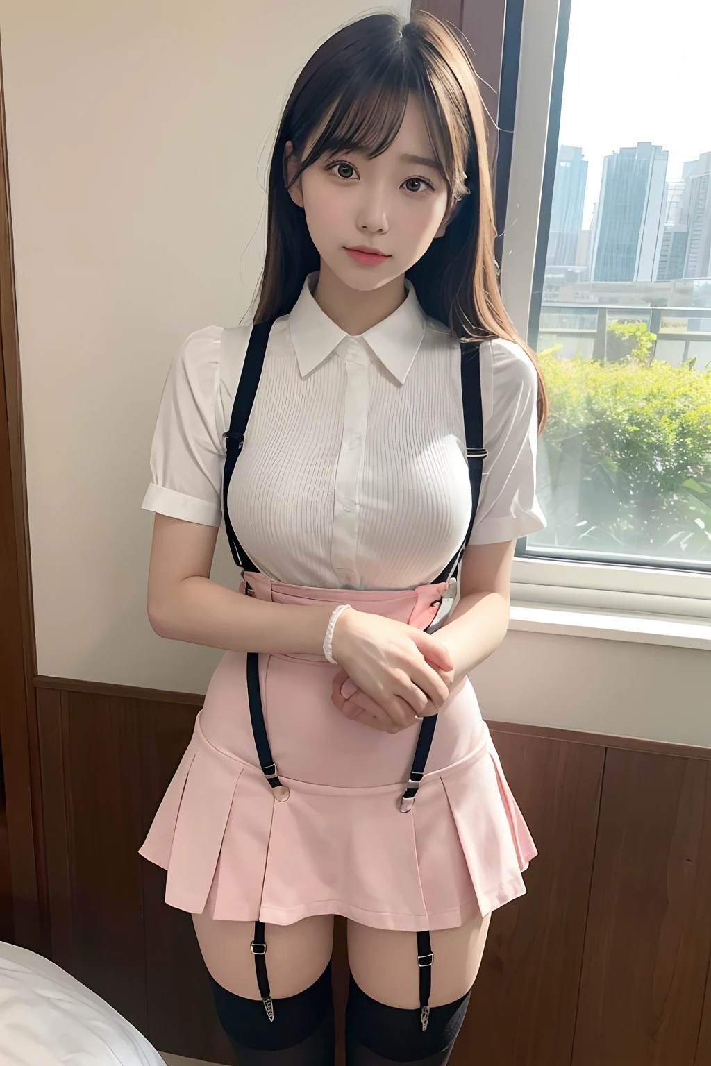 masterpiece、top-quality、The ultra -The high-definition、、colourfull、flat-colors、depth of fields、lens flare 1 girl、、A dark-haired、watching at viewers、、Classroom、a miniskirt、Detailed feel、Detailed Cloth Texture、beautifull detailed face、Adult atmosphere、 garters Stockings large full breasts suspenders is standing glares knee high Niso Knee-high socks aside perspiring srestrained Cuffed Behind