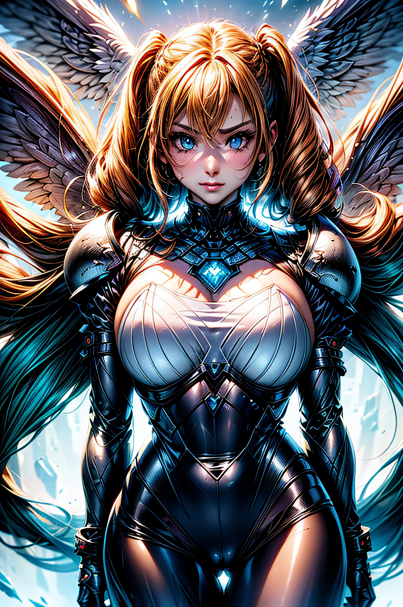 (Comic book cover art: 1.5), an female archangel prepared for battle, an extremally beautiful warrior angel, ultra feminine, long hair, blond hair, braided hair, wearing divine heavy armor, (white armor: 1.2), (angel wings: 1.2) spread, aremed with fantasysword sword, sword covered with blue fire, 16k, RAW, ultra wide shot, photorealism, depth of field, hyper realistic, 2.5 rendering, comic cover
