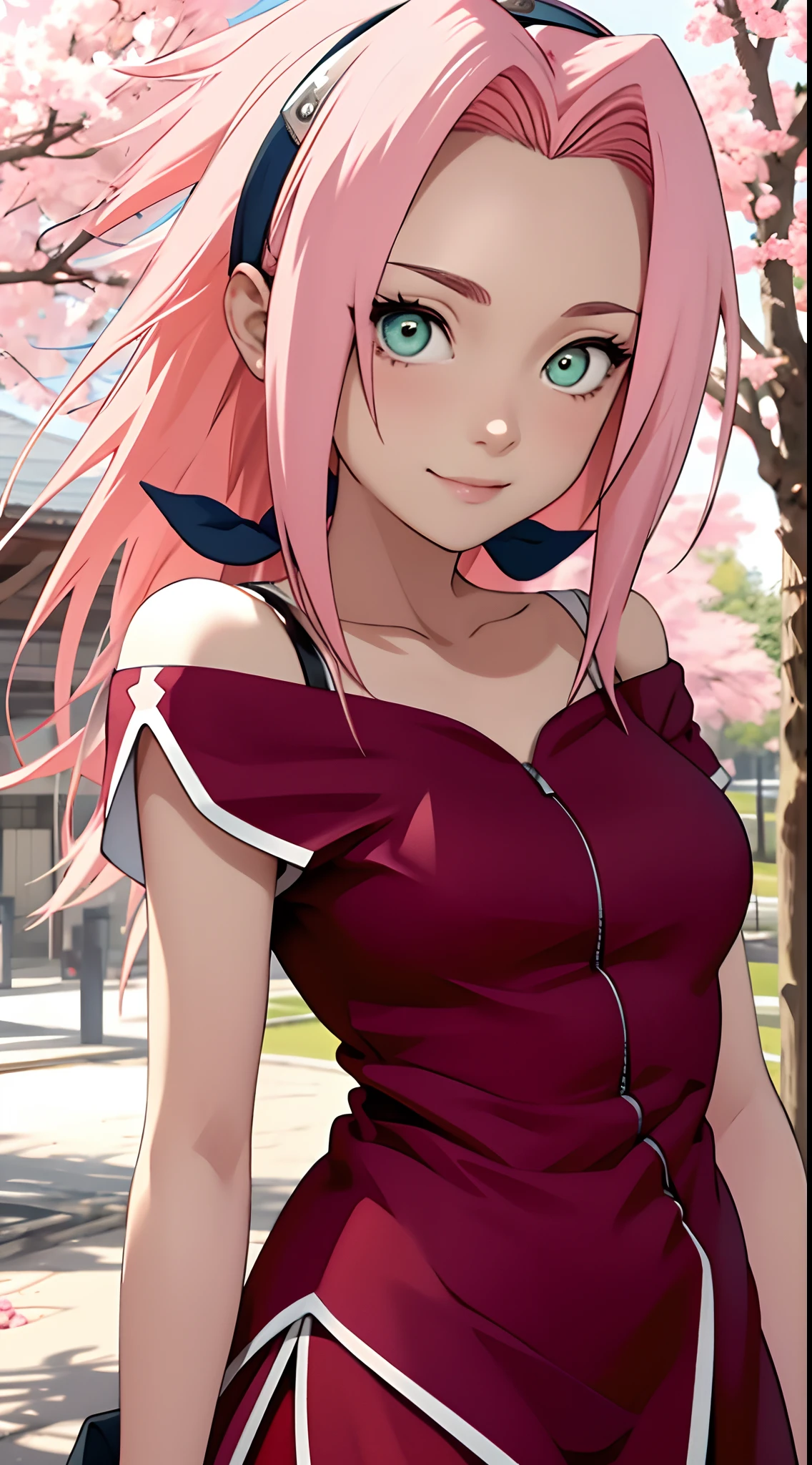 tmasterpiece, Best quality at best, 1girll, Sakura Haruno, Large breasts,Off-the-shoulder attire,(close-up all over the body),Raised sexy,is shy,ssmile,with pink hair, long whitr hair, (Green eyeballs:1.4), Forehead protection, the cherry trees,Cherry blossoms flying,Red clothes,Zipper half