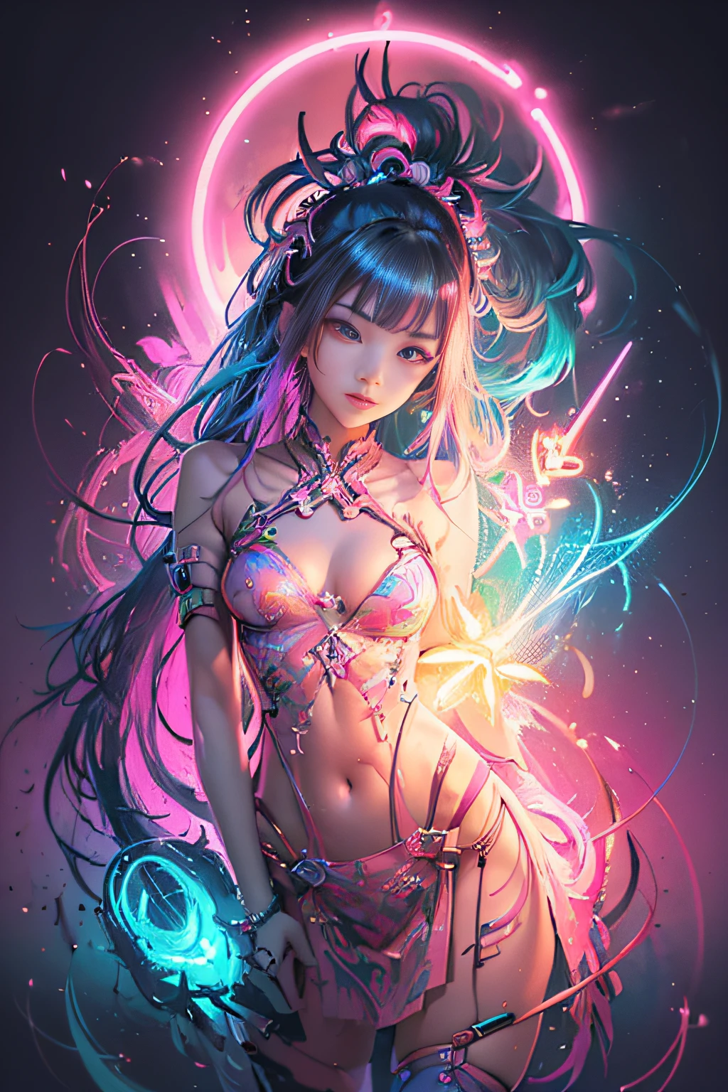 (masutepiece, of the highest quality, Best Quality, offcial art, Beautiful and aesthetic:1.2), (1girll:1.3), Extremely detailed,(Fractal Art:1.2),Colorful,highest details,( Zen Neon:1.2), (Dynamic Pose), (Abstract background neon lights:1.5), (Trident Dresses:1.2), (Shiny skin), (Many colors:1.4), Upper body ,Neon light,16 K,Full-HD
