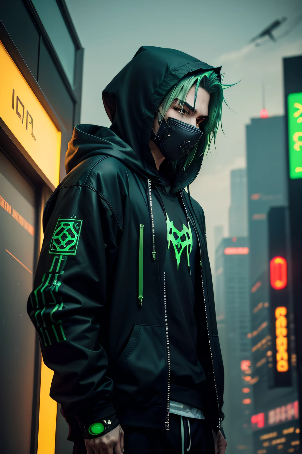 There is a man wearing a ghost mask and a black hoodie，With a 3 swords, Hyper-realistic cyberpunk style，Digital cyberpunk anime style, green color, green hair