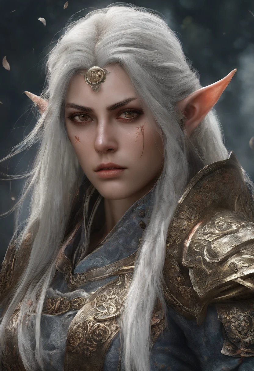 female high Elf wearing Gothic armor and katanas, samurai, cabelos longos cinzas, magnifica, serious facial expression, Lotus flower drawn on kimono, magnifica, 8k, posicionamento central, dramatic scene, beautiful face, long hair, flowing hair, strong wind, about to draw sword