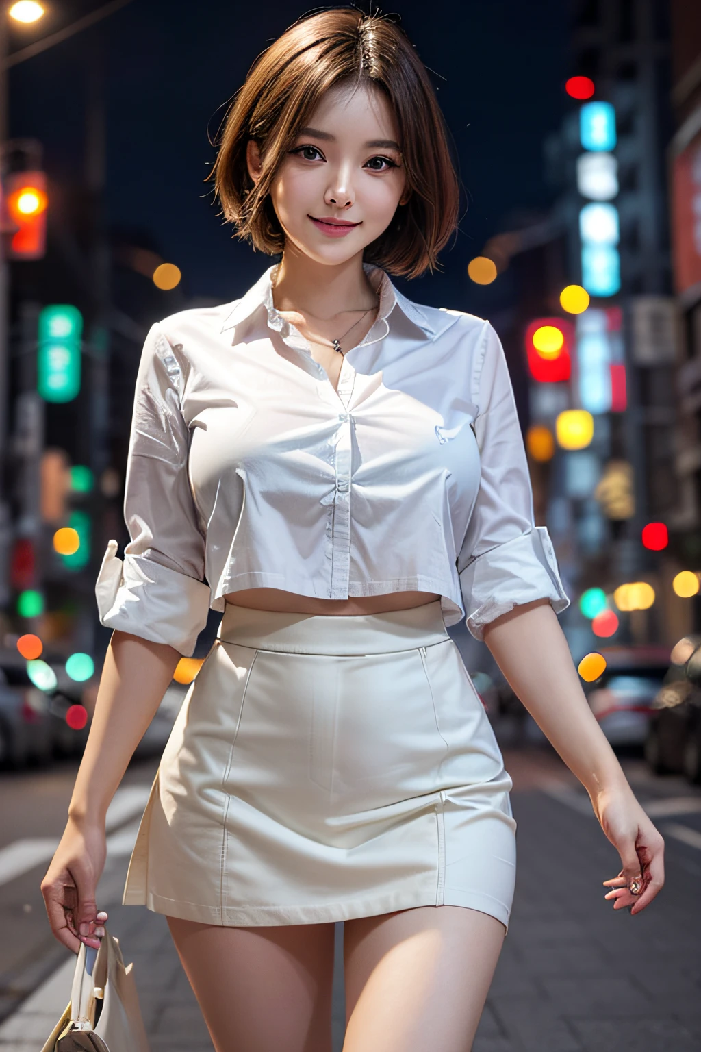 1ultimate beautifull matura woman, light smile, big breasts, short hair, white shirts, mini skirt, Tokyo street, night, cityscape, city lights, cowboy shot, depth of field, 8k, RAW photo, best quality, masterpiece, realistic, photo-realistic