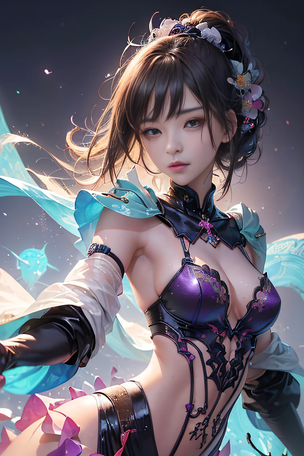 (masutepiece, of the highest quality, Best Quality, offcial art, Beautiful and aesthetic:1.2), (1girll:1.3), Extremely detailed,(Fractal Art:1.2),Colorful,highest details,( Zen Neon:1.2), (Dynamic Pose), (Abstract background neon lights:1.5), (Trident Dresses:1.2), (Shiny skin), (Many colors:1.4), Upper body ,Neon light,16 K,Full-HD
