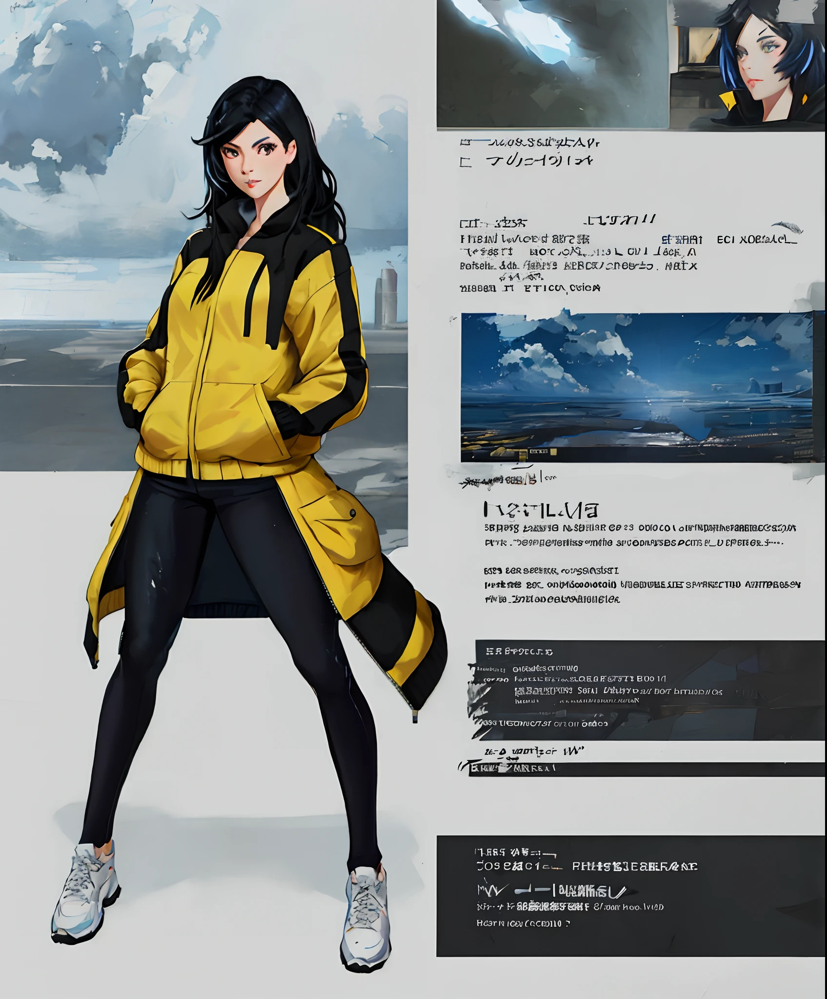 A girl, yellow jacket, hands in pockets, staring at another person, long black hair, heterochromic eyes, heterochromic eyes, heterochromic pupils, 8k resolution, very detailed, anatomically correct, digital painting, concept art, Makoto Shinkai style, clear picture,