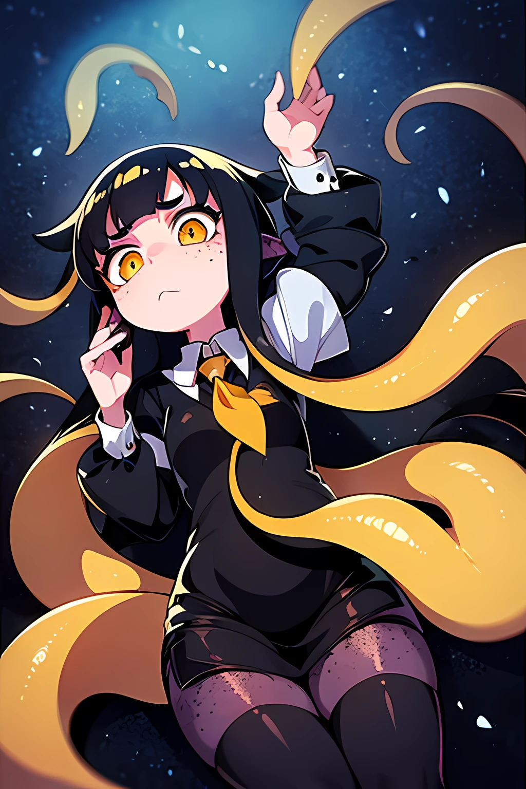1girl, black tentacle hair, yellow eyes, goth school, goth clothes, freckles, tired look
