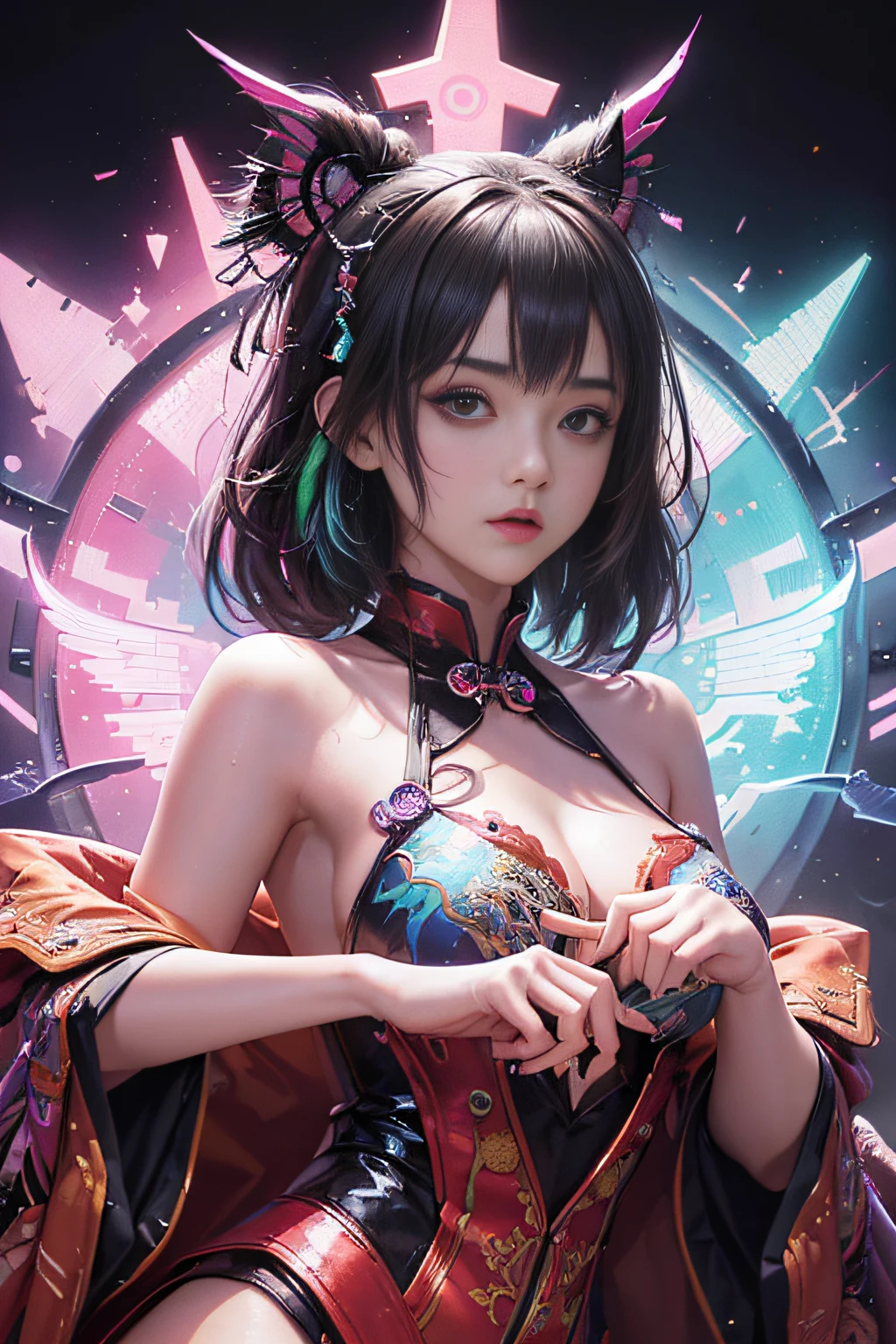 (masutepiece, of the highest quality, Best Quality, offcial art, Beautiful and aesthetic:1.2), (1girll:1.3), Extremely detailed,(Fractal Art:1.2),Colorful,highest details,( Zen Neon:1.2), (Dynamic Pose), (Abstract background neon lights:1.5), (Trident Dresses:1.2), (Shiny skin), (Many colors:1.4), Upper body ,Neon light,16 K,Full-HD