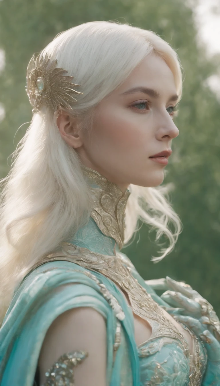 angelicales、White feathers、robe blanche、goddes、blonde  hair、offcial art, Unity 8k壁纸, ultra-detailliert, Beautiful and aesthetic, Beautiful, ​masterpiece, top-quality, .raw, super thin photo, 超A high resolution, Photorealista, sunlights, portrait of a full body, unbelievably beautiful, dynamicposes, delicated face, vibrant eyes, (from side view), Person wearing bizarre futuristic mask and extravagant retro fashion outfit々with  the、There are men and women in old ornaments with alien makeup and mechanical pets in the town, 1960s science fiction film by Wes Anderson, PastelColors, Rosa, blue and green, natural soft light, Psychedelia, Strange Futurism, foco nítido, intrinsic, Fuji 55mm Film, ighly detailed, 详细的脸, Detailed complex background occupied, Messy, Beautiful fece, milky, highlydetailed skin, Realistic skin details, Visible Pore, foco nítido, Volumetric mist, 8K UHD, dslr camera, hightquality, Cinematograph granularity, rendered, Lomography, Expanding metropolis in retro-futuristic dystopia, view from below, semi transparent