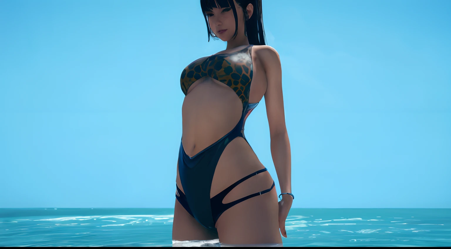 Woman in bikini standing in water, realistic bikini, wearing a swimming wear, Photorealistic perfect body, Wet swimsuit, Swimsuit, swim wears, realistic shaded perfect body, attire: bikini of, Tifa Lockhart, Tifa, seductive tifa lockhart portrait, glamorous tifa lockheart, in beach, wearing two - piece swimsuit