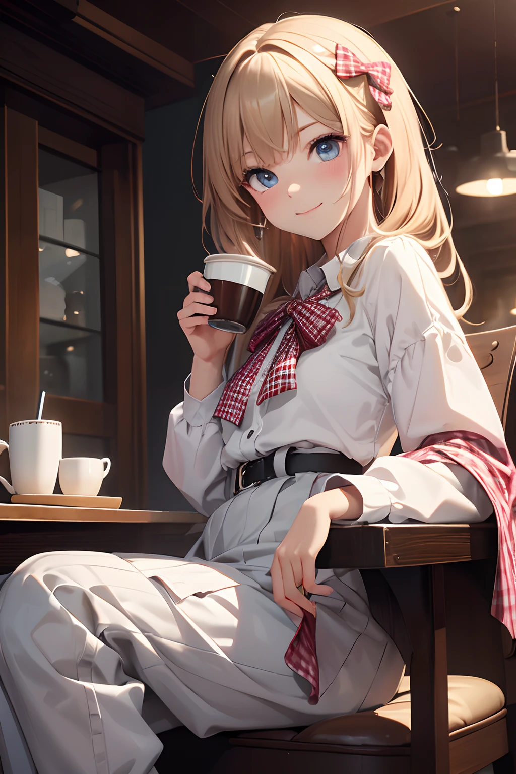 ((8K, top-quality, masterpiece, ultra high resolution, Photorealsitic:1.4,)), (Highly detailed facial and skin texture:1.5), (Lighting: 1:1), BREAK detailed reflecting eyes by professional digital painting, beautiful pretty cute small face, BREAK 1girl, solo, (balloon_sleeved_gingham_check_blouse, white Cargo pants:1), Ribbon platform sneakers, sitting chair, smile, drink coffee