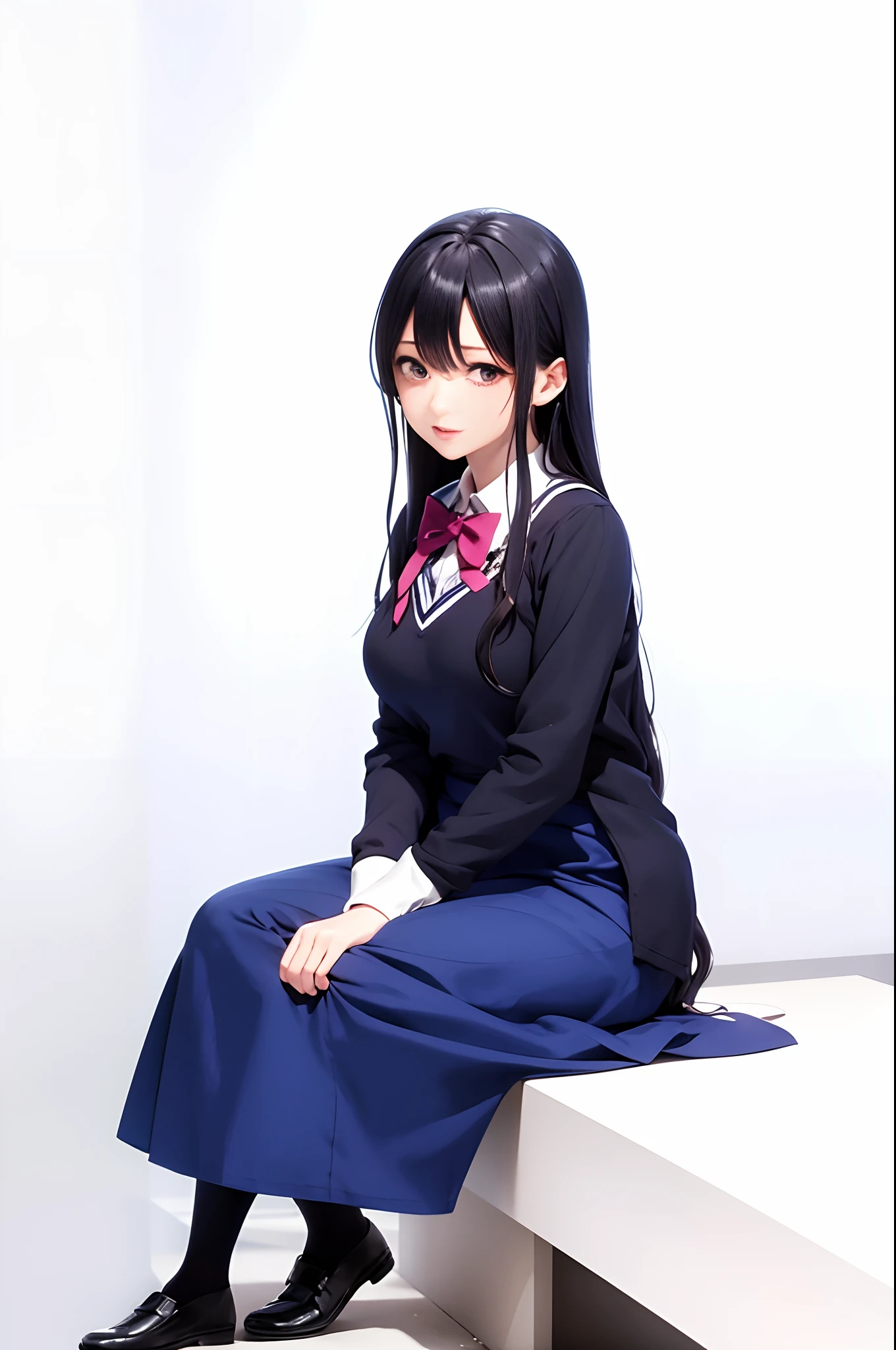 There was a woman sitting on the floor，wearing blue dress, mayuri shiina, Ayaka cosplay, seifuku, Anime girl cosplay, kotegawa yui, author：Hosomura Kane, the anime girl is crouching, shikamimi, sui ishida with black hair, narumi kakinouchi, Japanese school uniform