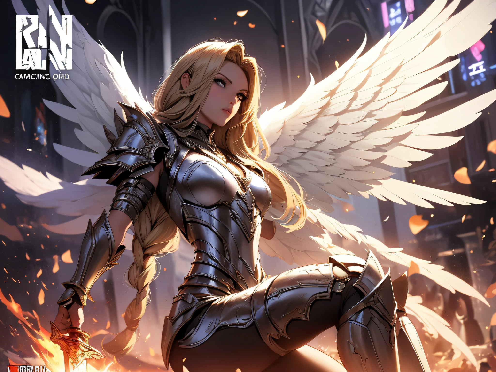 (Comic book cover art: 1.5), an female archangel prepared for battle, an extremally beautiful warrior angel, ultra feminine, long hair, blond hair, braided hair, wearing divine heavy armor, (white armor: 1.2), (angel wings: 1.2) spread, aremed with fantasysword sword, sword covered with blue fire, 16k, RAW, ultra wide shot, photorealism, depth of field, hyper realistic, 2.5 rendering, comic cover