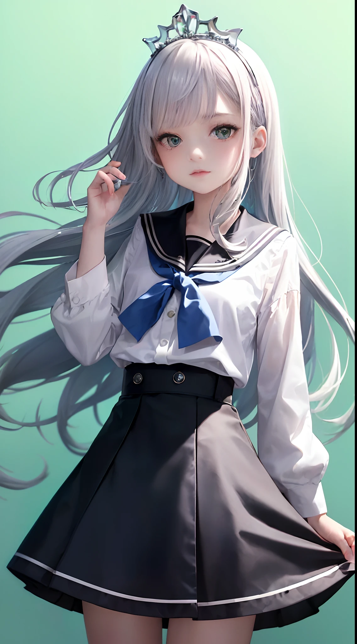 1girl, (masterpiece:1.1), (best quality:1.1), (white blouse:1.1), (checkered skirt:1.1), school uniform, high-waist skirt, BREAK [blue:pink:0.5] theme, (gradient background:1.1), cowboy shot, BREAK silver hair, long hair, , green eyes, intricate detailed tiara, looking to the side,