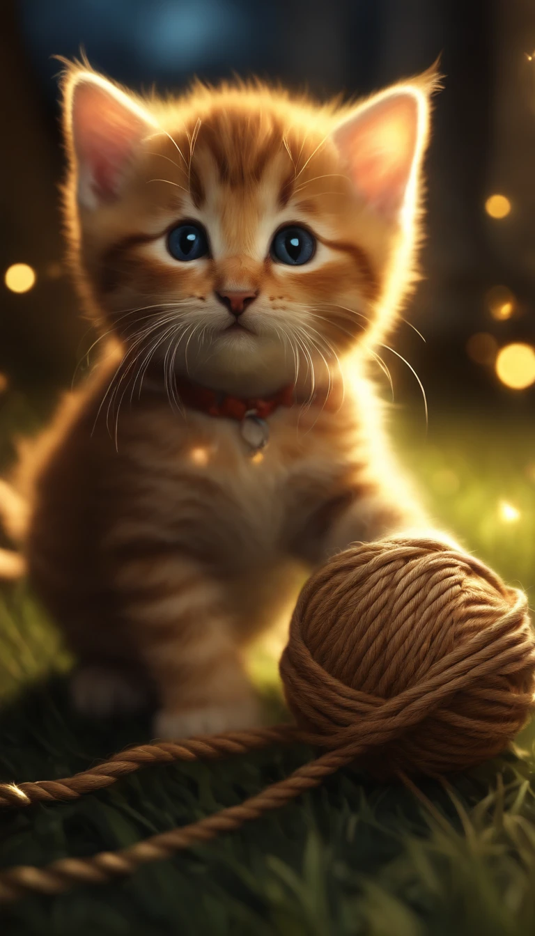 There was a kitten playing with a ball of rope, lovely digital painting, adorable digital art, Glowing lights! Digital painting, Cute detailed digital art, Glowing lights!! Highly detailed, captivating glowing lights, beautiful glowing lights, cute 3 d render, cute artwork, Cute kitten, magical lighting, Beautiful digital artwork, adorable glowing creature, Cute cat, magical scene