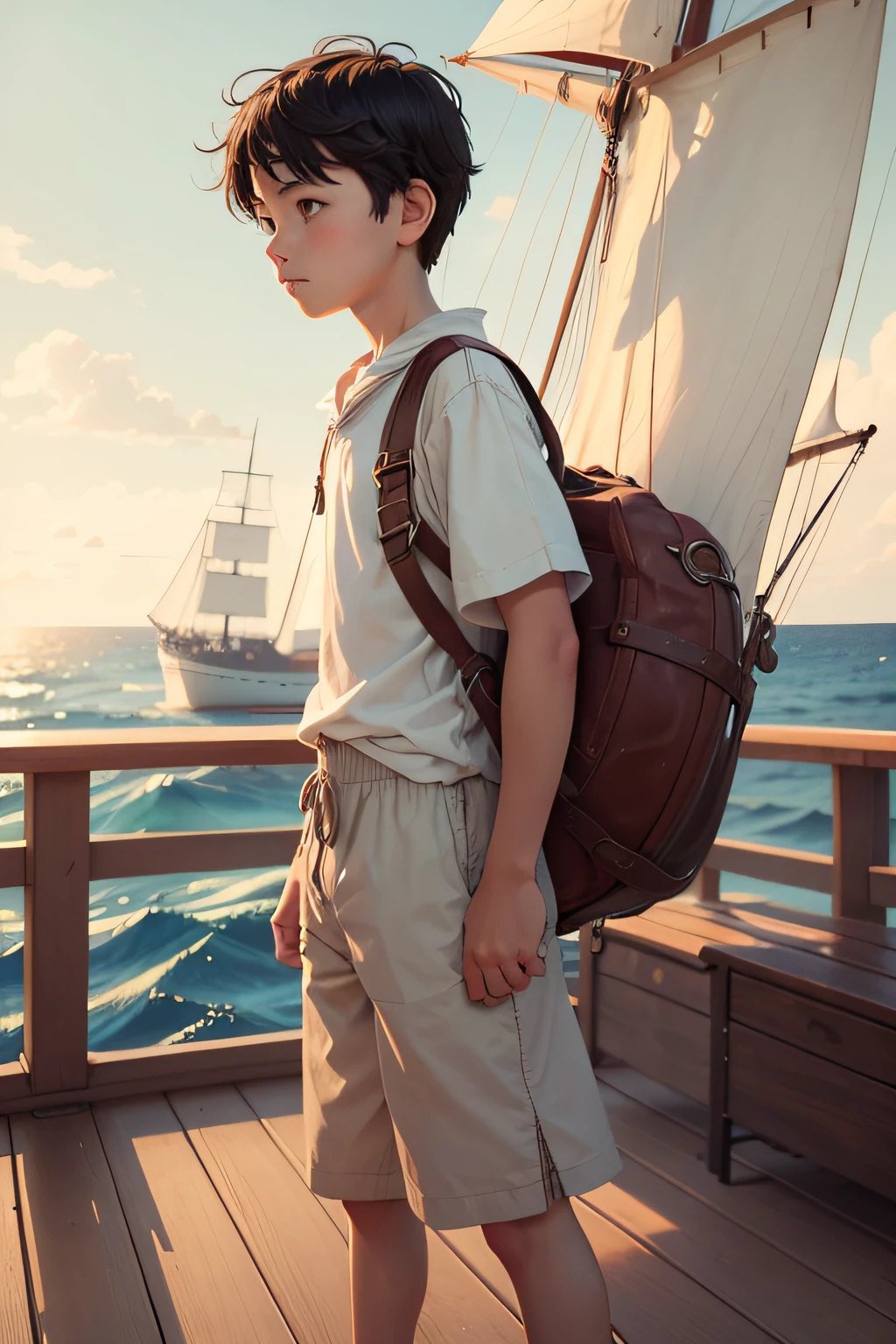 Illustration for a story about a boy , which stands on the deck of the ship, The ship sails on the ocean