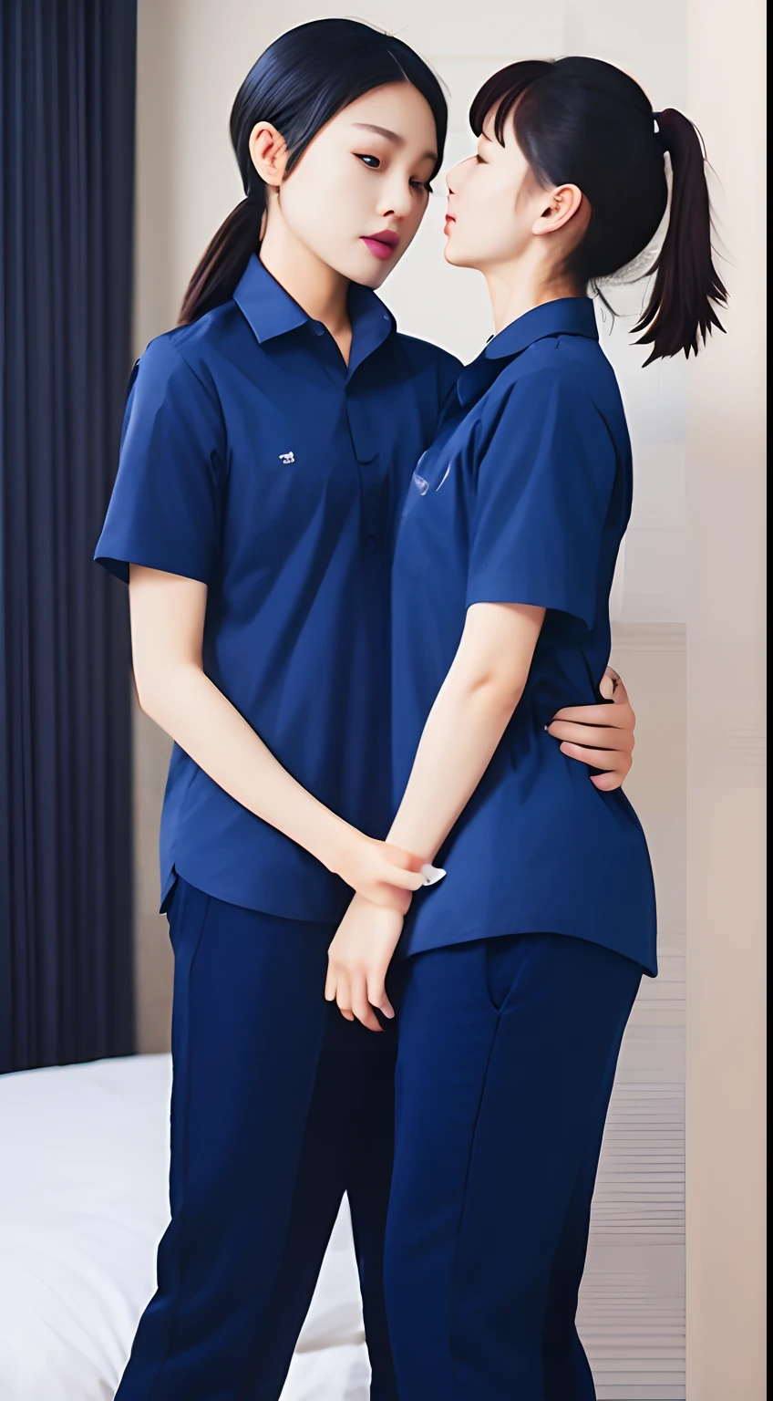 masterpiece, bestquality, ultra realistic, hyper-detail, 8k resolution, RAW photo, crisp focus, (2 girls kissing in the bedroom), ((Navy blue shirt:1.1)), short sleeves, Long Path, Perfect body, 2 mature women, 18yo, cinematic light,Blue sweatpants,Gymware,Correct anatomy,Perfect Kiss,lesbian,Complete body, Correct body, sharp face, Anatomically correct body, Realistic kiss, full entire body, Realistic gestures, long-haired, Realistic poses,Wear long shorts.,Long leg span,Shapely,Sculptive girl