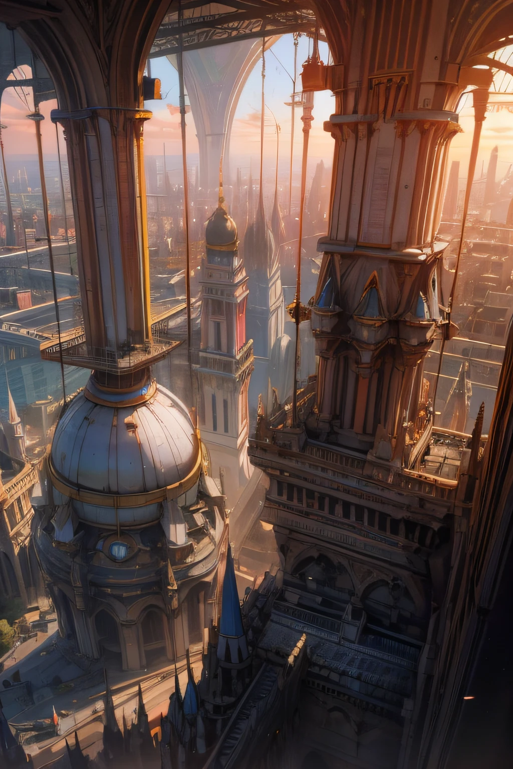 a vast futuristic city, arches and columns, flying buttresses, towers and spires, domes, neon lights, seen at sunset from a high vantage point, multicoloured, flying vehicles,