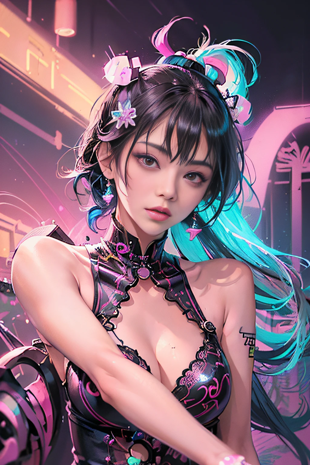 (masutepiece, of the highest quality, Best Quality, offcial art, Beautiful and aesthetic:1.2), (1girll:1.3), Extremely detailed,(Fractal Art:1.2),Colorful,highest details,( Zen Neon:1.2), (Dynamic Pose), (Abstract background neon lights:1.5), (Trident Dresses:1.2), (Shiny skin), (Many colors:1.4), Upper body ,Neon light,16 K,Full-HD