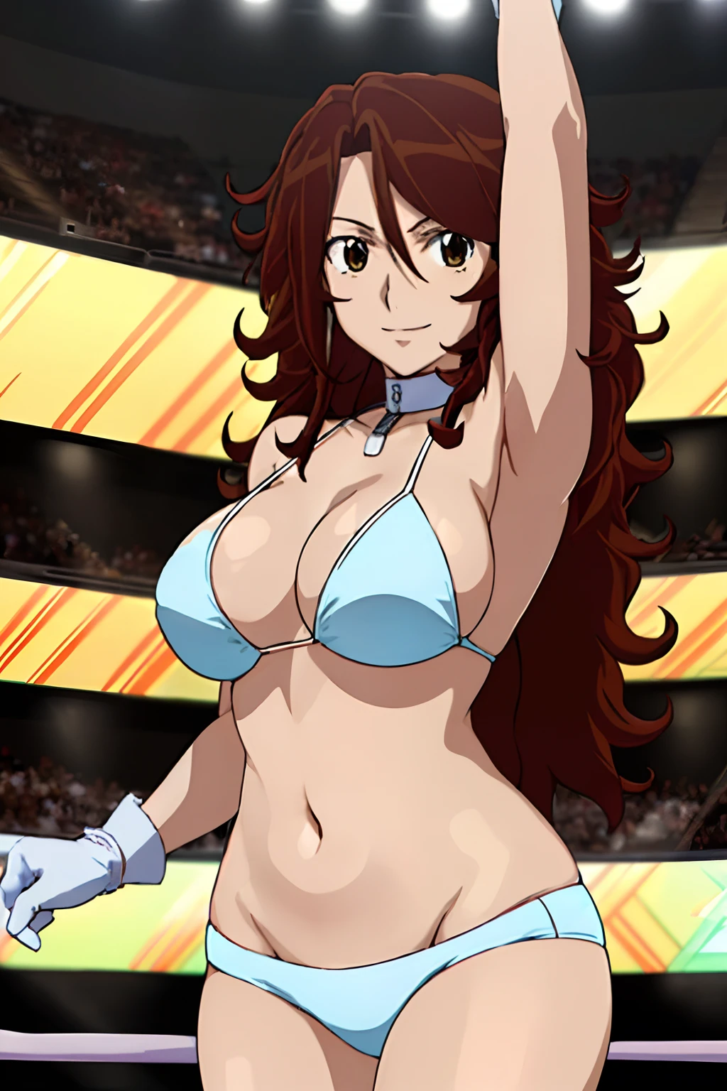 cowboy shot, body view, anime style: 1.8, anime drawing, ultra detailed face, ultra detailed body, 4k, Sumergai Lee Noriega, (standing), best quality, anime style, hires, highest definition, digital blending, bold drawing lines, ((slim waist, female wrestler), (location: wrestling arena, crowds watching), ( slim body, athletic , little biceps, thighs, off-shoulders, (curvy: 2.8), lighting, spot lights, very shiny skin), ((white bikini, shorts, groin, , white gloves, collar)), victorious, winner, , (big breasts, smile), (big eyes, brown eyes), (clapping), (brown hair, loose hair, curly hair, wavy hair, long hair, missy hair), 27 years old, (dancing)