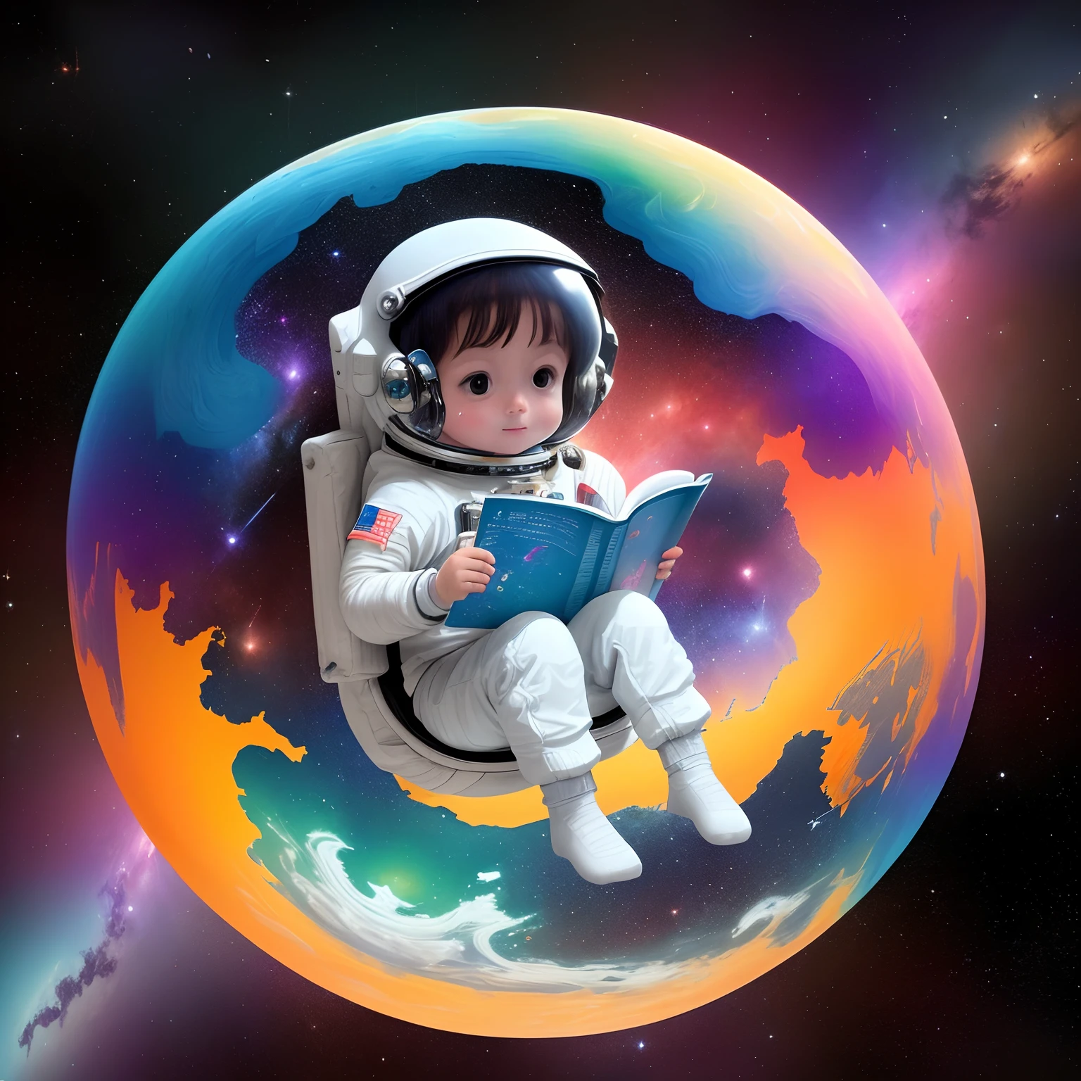 Create an inspirational image of a cute astronaut floating in the colorful expanse of space, engaged in everyday activities like reading, drawing, and exploring, with vibrant hues to captivate and ignite kids' curiosity about the wonders of space science."