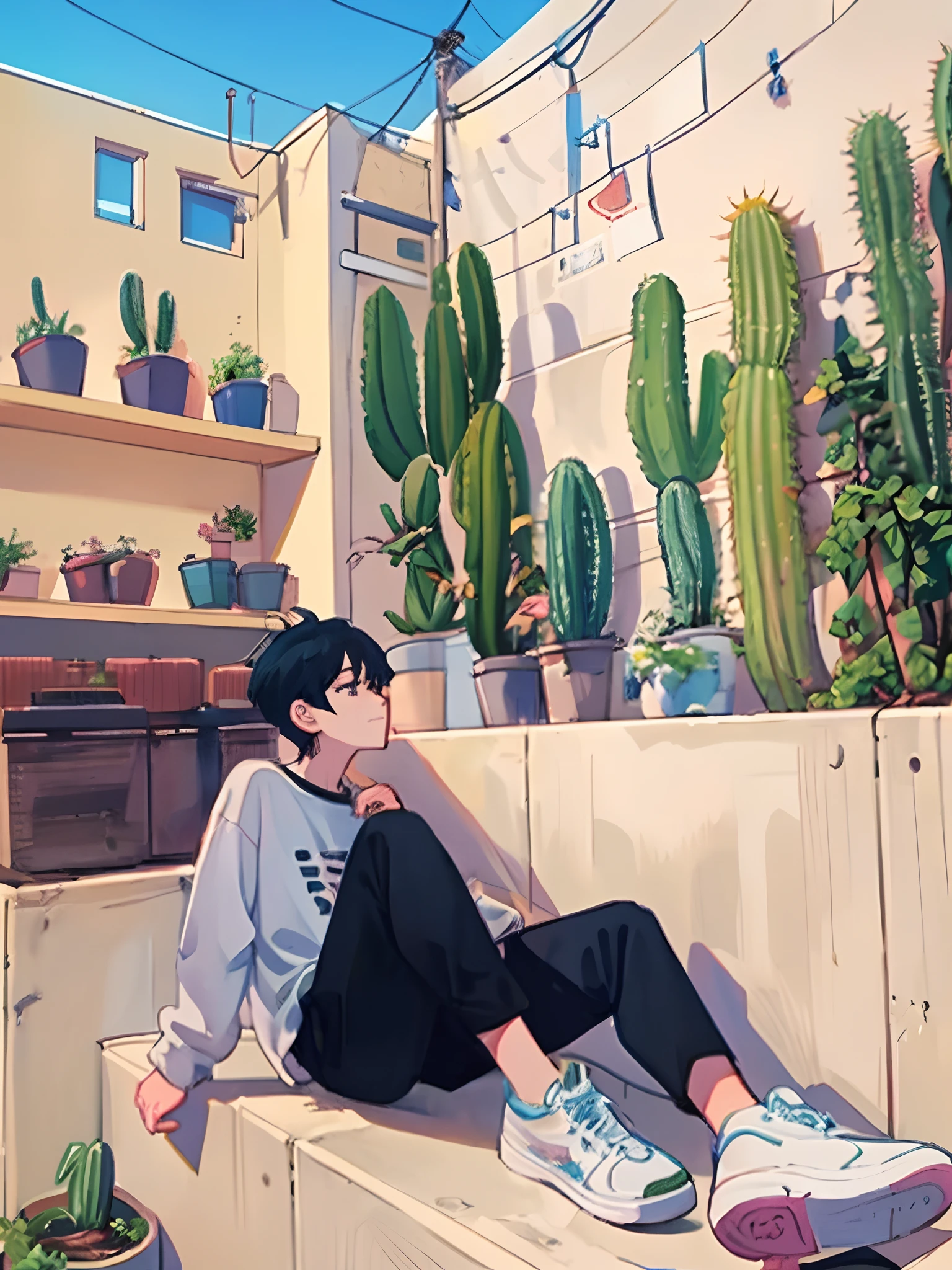 anime boy sitting on a ledge with cactus plants and a building in the background, lofi artstyle, lofi portrait, lofi art, lofi feel, anime aesthetic, lo-fi art, lo-fi illustration style, digital anime illustration, lofi, lofi vibes, detailed fanart, lofi aesthetic, anime asthetic, inspired by Kun Can