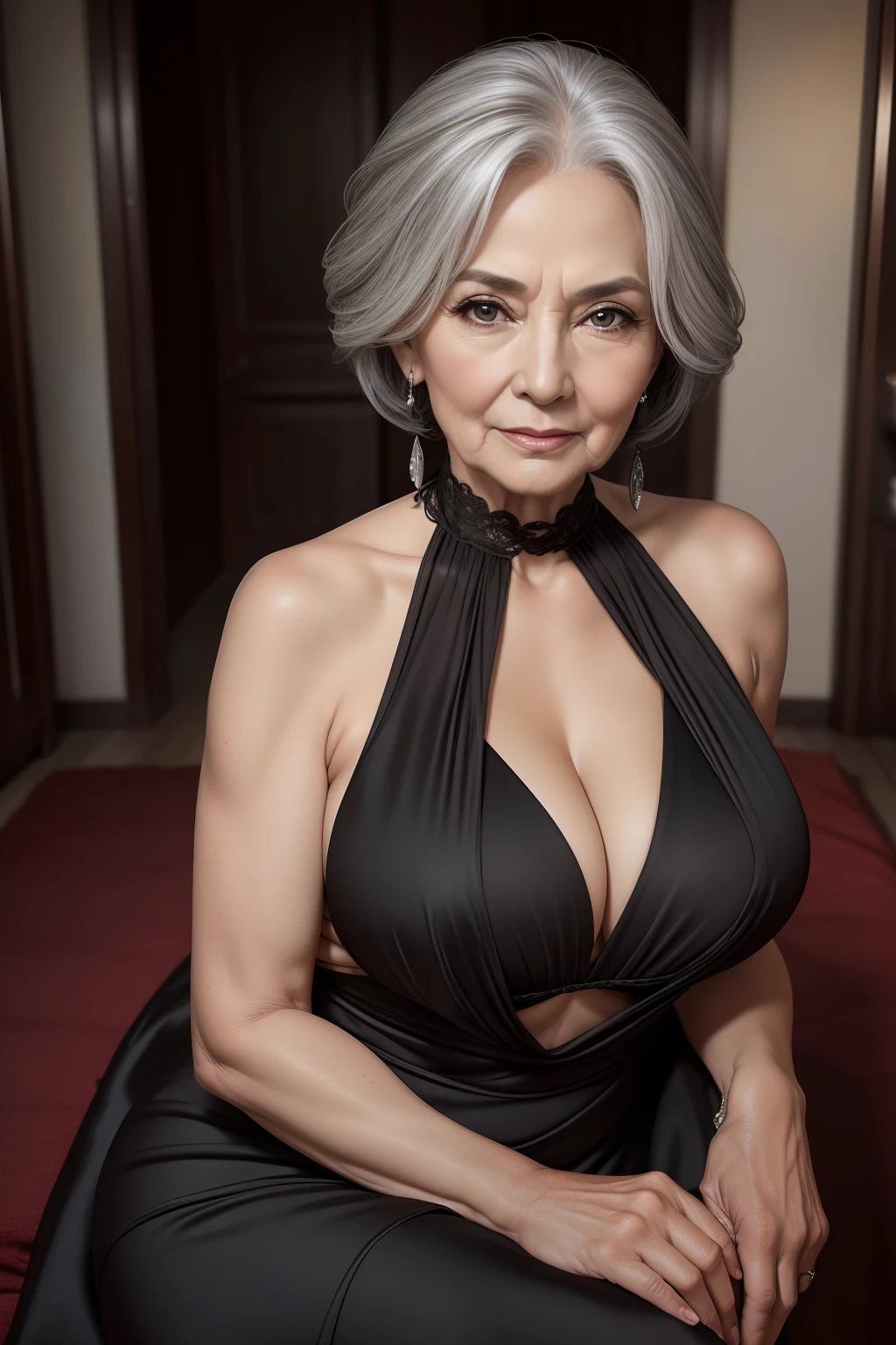 portrait of a 65-year-old woman with gray hair, seductive gaze, brown eyes, some wrinkles on her face, she is wearing a very sexy black evening dress that reveals a small sagging breast, 8k