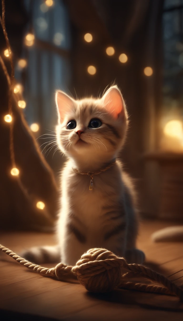 There was a kitten playing with a rope ball, Passing the eyes of God, lovely digital painting, adorable digital art, Glowing lights! Digital painting, Cute detailed digital art, Glowing lights!! Highly detailed, captivating glowing lights, beautiful glowing lights, cute 3 d render, cute artwork, Cute kitten, magical lighting, Beautiful digital artwork, adorable glowing creature, Cute cat, magical scene