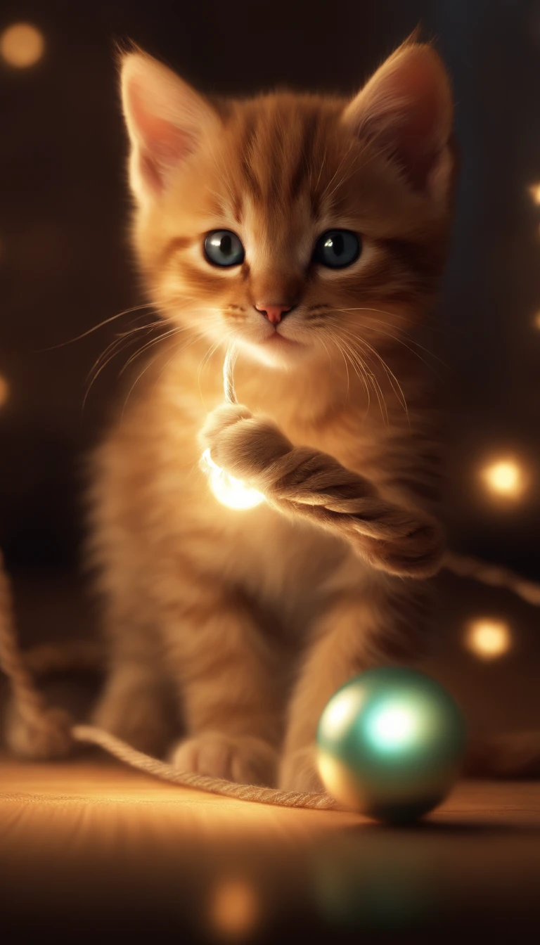 There was a kitten playing with a rope ball, Passing the eyes of God, lovely digital painting, adorable digital art, Glowing lights! Digital painting, Cute detailed digital art, Glowing lights!! Highly detailed, captivating glowing lights, beautiful glowing lights, cute 3 d render, cute artwork, Cute kitten, magical lighting, Beautiful digital artwork, adorable glowing creature, Cute cat, magical scene