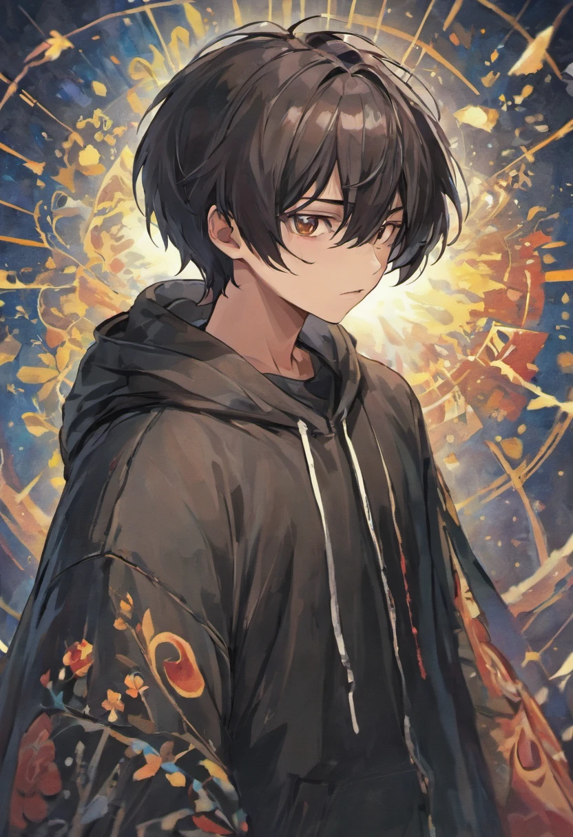 (tmasterpiece), (best qualtiy), (ultra - detailed), Young man with short black hair,profile , Wearing a black hood,Western fantasy, front look, looking at viewert, The upper part of the body, florals, Flowing colors, Mostly cloudy sky,