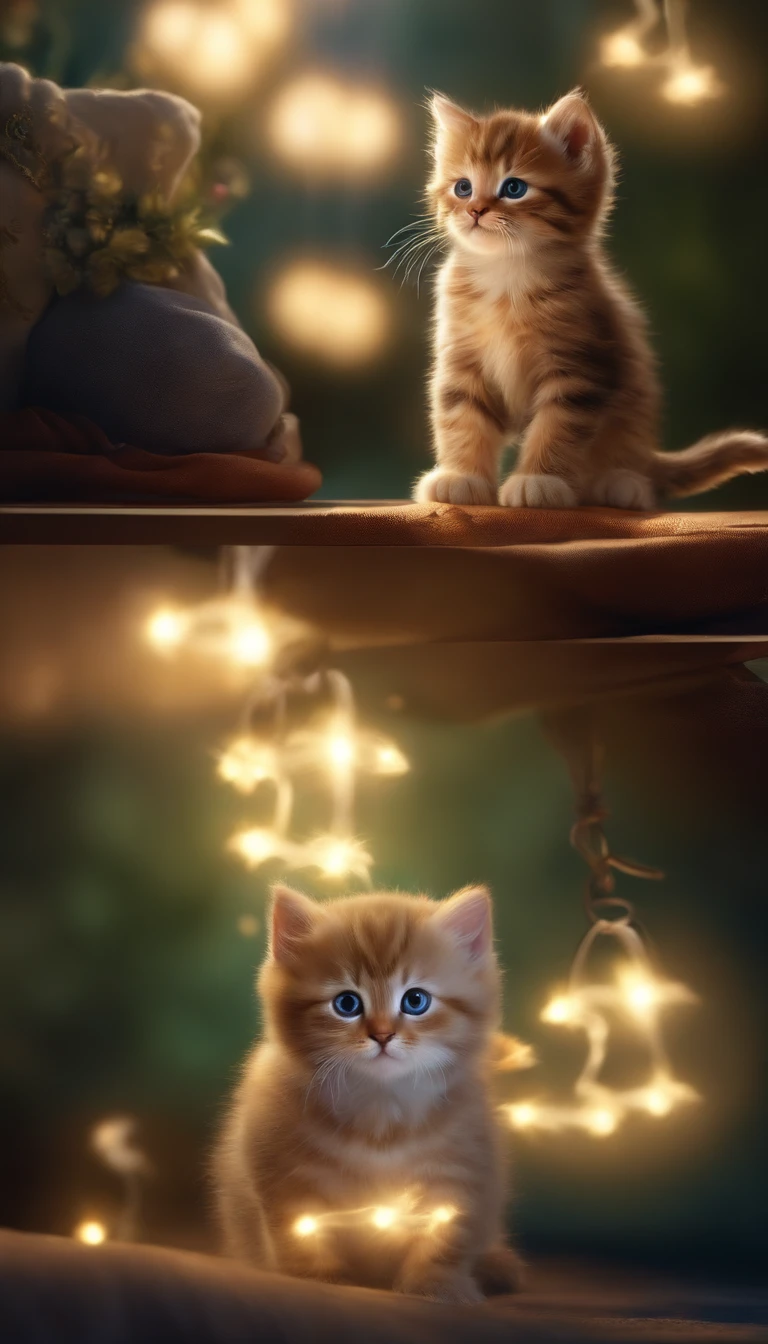 There was a kitten playing with a rope ball, lovely digital painting, adorable digital art, Glowing lights! Digital painting, Cute detailed digital art, Glowing lights!! Highly detailed, captivating glowing lights, beautiful glowing lights, cute 3 d render, cute artwork, Cute kitten, magical lighting, Beautiful digital artwork, adorable glowing creature, Cute cat, magical scene