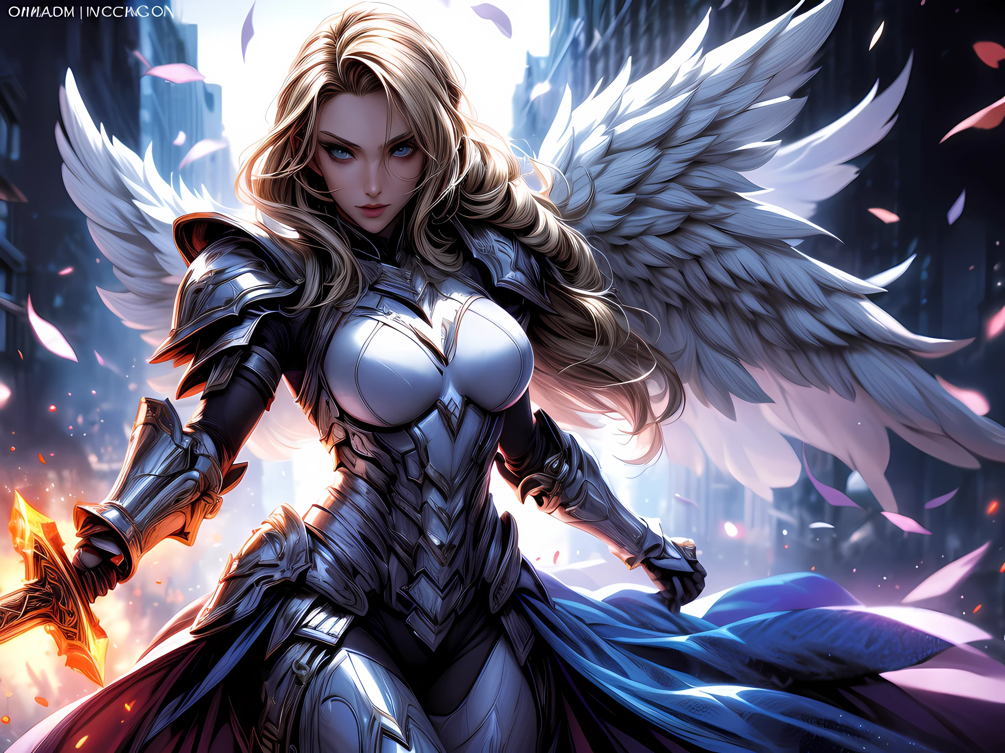 (Comic book cover art: 1.5), an female archangel prepared for battle, an extremally beautiful warrior angel, ultra feminine, long hair, blond hair, braided hair, wearing divine heavy armor, (white armor: 1.2), (angel wings: 1.2) spread, aremed with fantasysword sword, sword covered with blue fire, 16k, RAW, ultra wide shot, photorealism, depth of field, hyper realistic, 2.5d rendering, comic cover