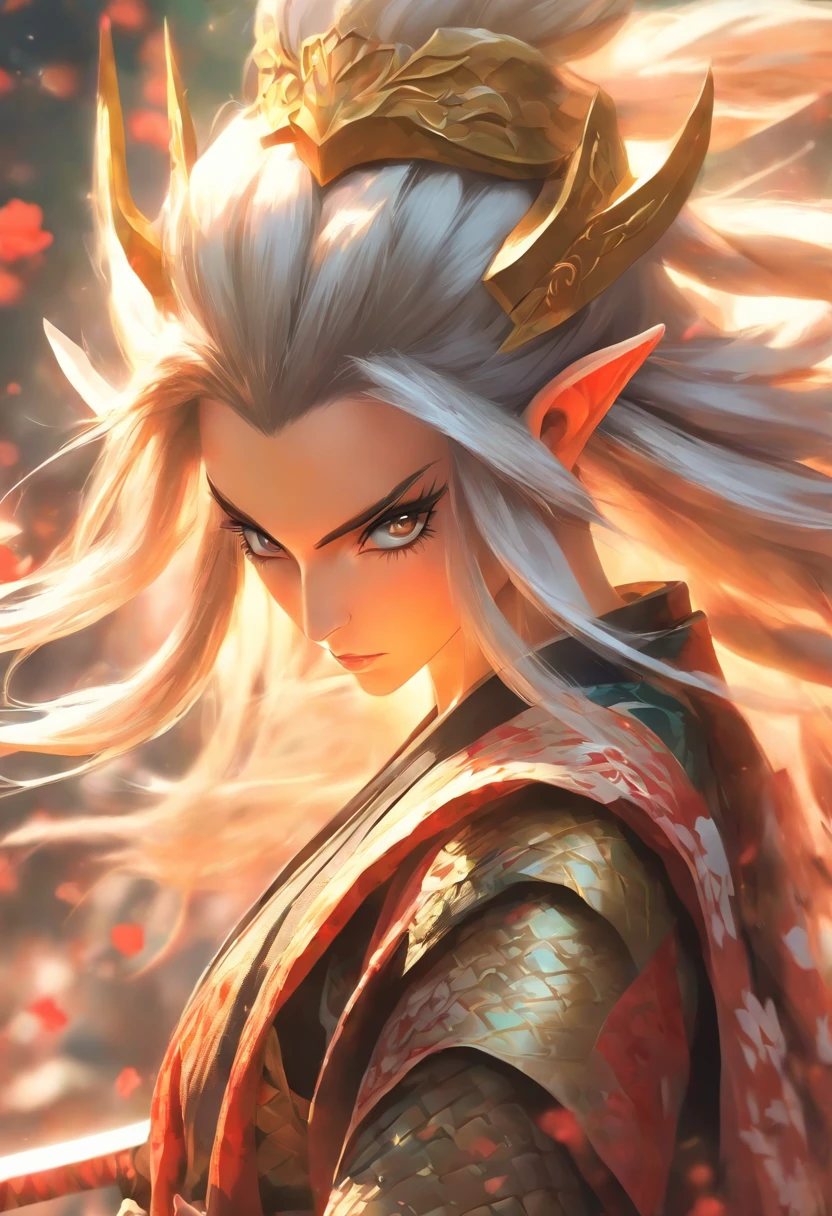 female high Elf, wearing Gothic armor and katanas, samurai, cabelos longos cinzas, magnifica, serious facial expression, Lotus flower drawn on kimono, magnifica, 8k, posicionamento central, dramatic scene, beautiful face, long hair, flowing hair, strong wind, about to draw sword