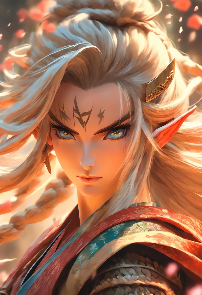 female high Elf, wearing Gothic armor and katanas, samurai, cabelos longos cinzas, magnifica, serious facial expression, Lotus flower drawn on kimono, magnifica, 8k, posicionamento central, dramatic scene, beautiful face, long hair, flowing hair, strong wind, about to draw sword