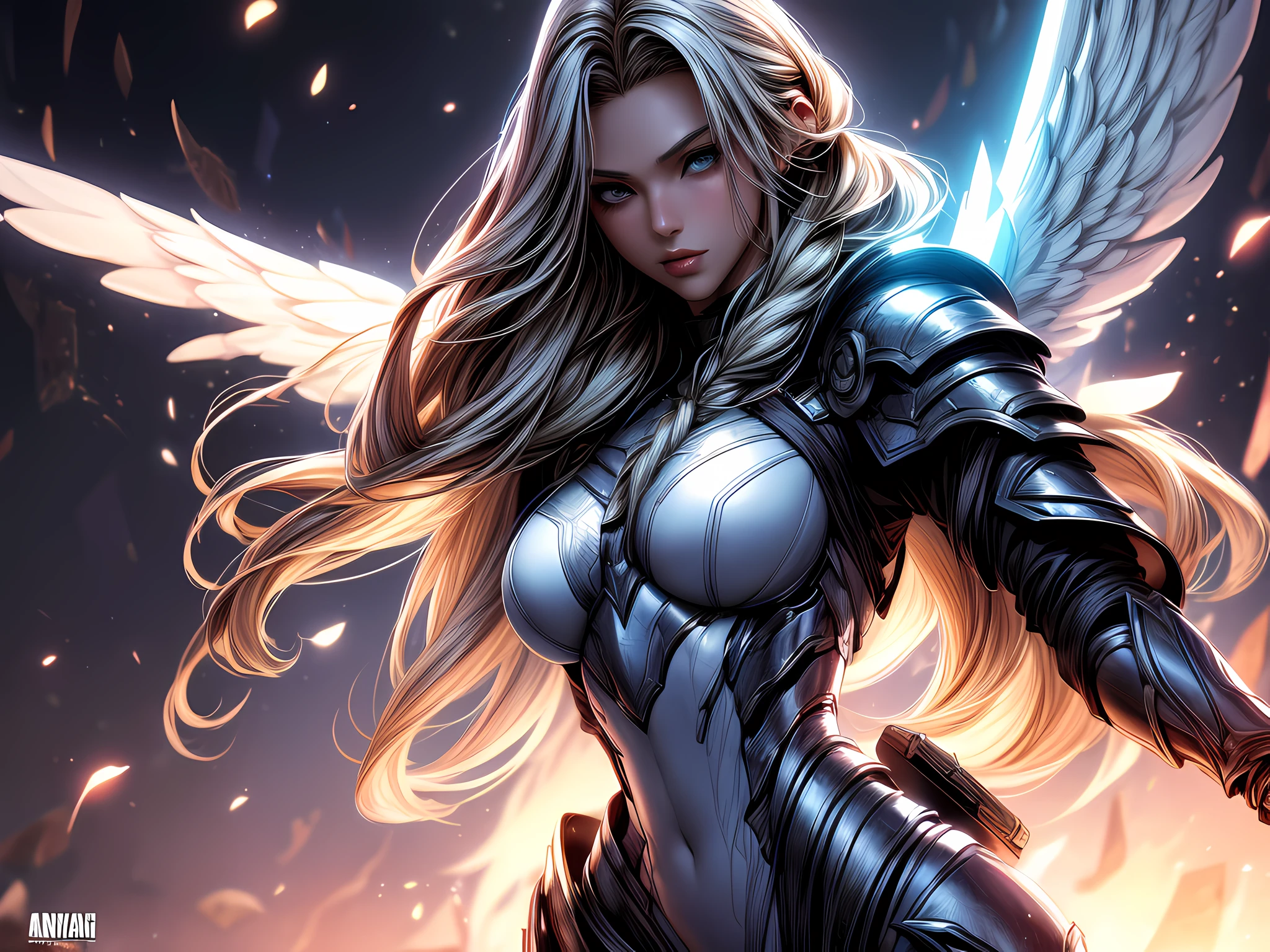 (Comic book cover art: 1.5), an female archangel prepared for battle, an extremally beautiful warrior angel, ultra feminine, long hair, blond hair, braided hair, wearing divine heavy armor, (white armor: 1.2), (angel wings: 1.2) spread, aremed with fantasysword sword, sword covered with blue fire, 16k, RAW, ultra wide shot, photorealism, depth of field, hyper realistic, 2.5d rendering, comic cover