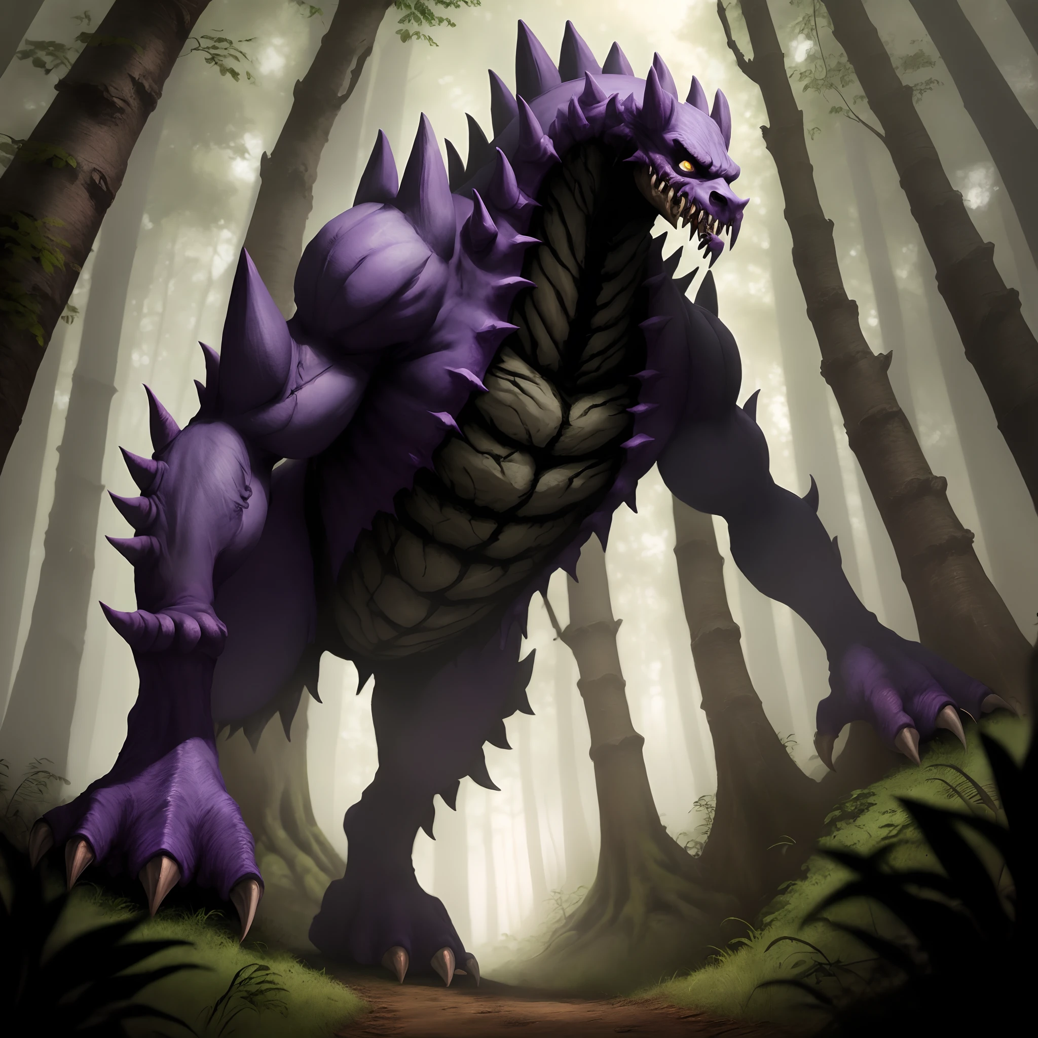 Monster character brightly
purple color with big teeth in the forest in the darkness