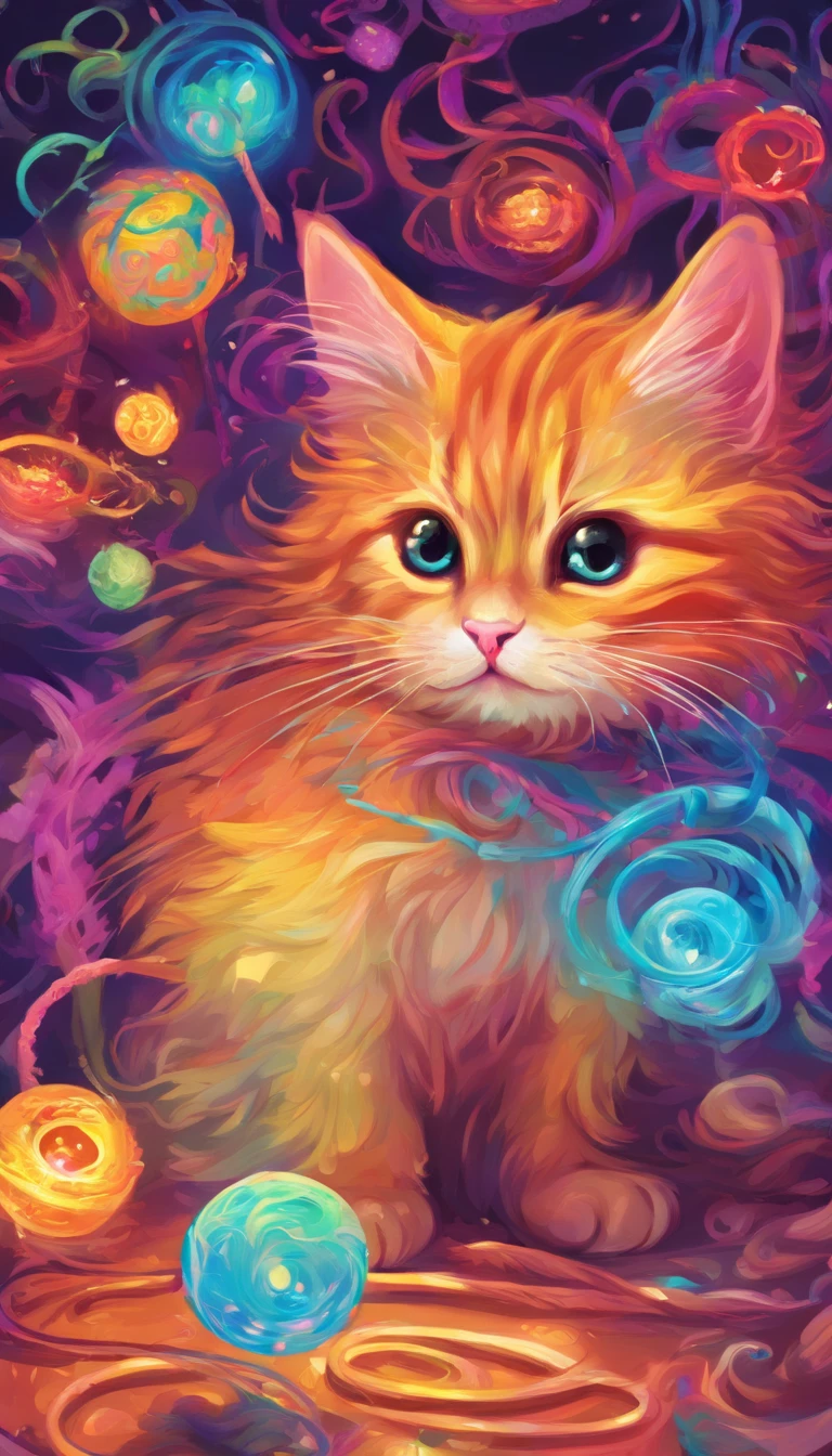 There was a kitten playing with a rope ball, Passing the eyes of God, lovely digital painting, adorable digital art, Glowing lights! Digital painting, Cute detailed digital art, Glowing lights!! Highly detailed, captivating glowing lights, beautiful glowing lights, cute 3 d render, cute artwork, Cute kitten, magical lighting, Beautiful digital artwork, adorable glowing creature, Cute cat, magical scene