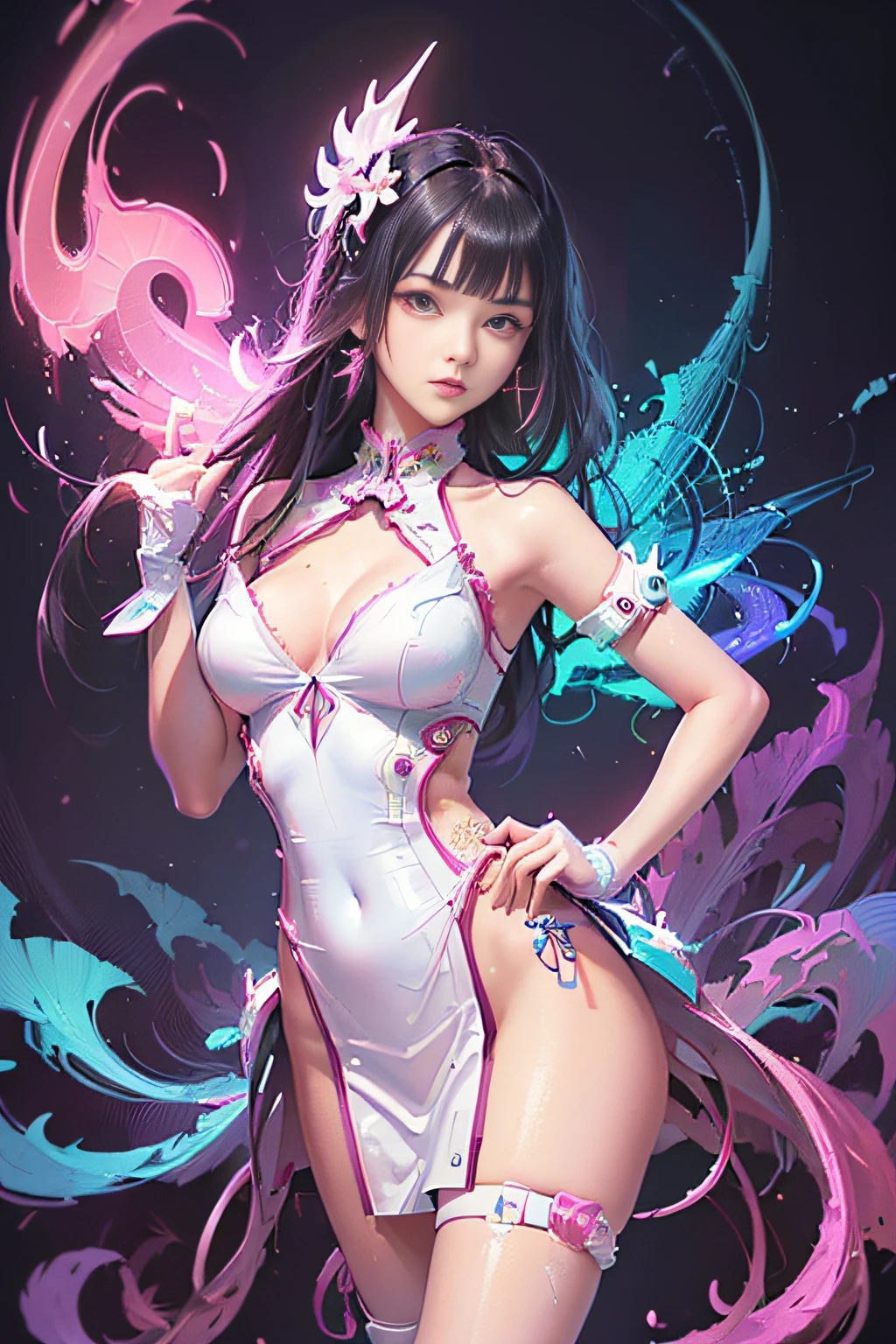 (masutepiece, of the highest quality, Best Quality, offcial art, Beautiful and aesthetic:1.2), (1girll:1.3), Extremely detailed,(Fractal Art:1.2),Colorful,highest details,( Zen Neon:1.2), (Dynamic Pose), (Abstract background neon lights:1.5), (Trident Dresses:1.2), (Shiny skin), (Many colors:1.4), Upper body ,Neon light,16 K,Full-HD
