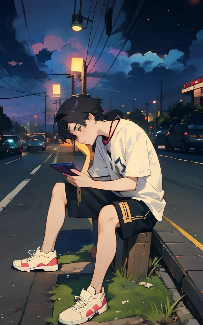 anime boy sitting on a bench looking at his phone, lofi artstyle, by Yuumei, artwork in the style of guweiz, anime aesthetic, anime boy, anime artstyle, anime style 4 k, digital anime illustration, anime wallaper, anime style. 8k, anime asthetic, 4k anime wallpaper, guweiz
