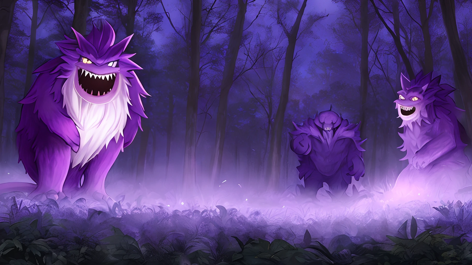 Monster character brightly
purple color with big teeth in the forest in the darkness