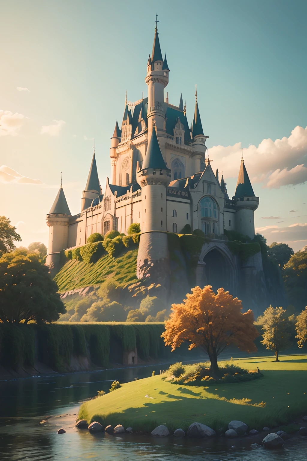 castle in the background of vines on the banks of the river, in the style of light teal and amber, photo-realistic landscapes,