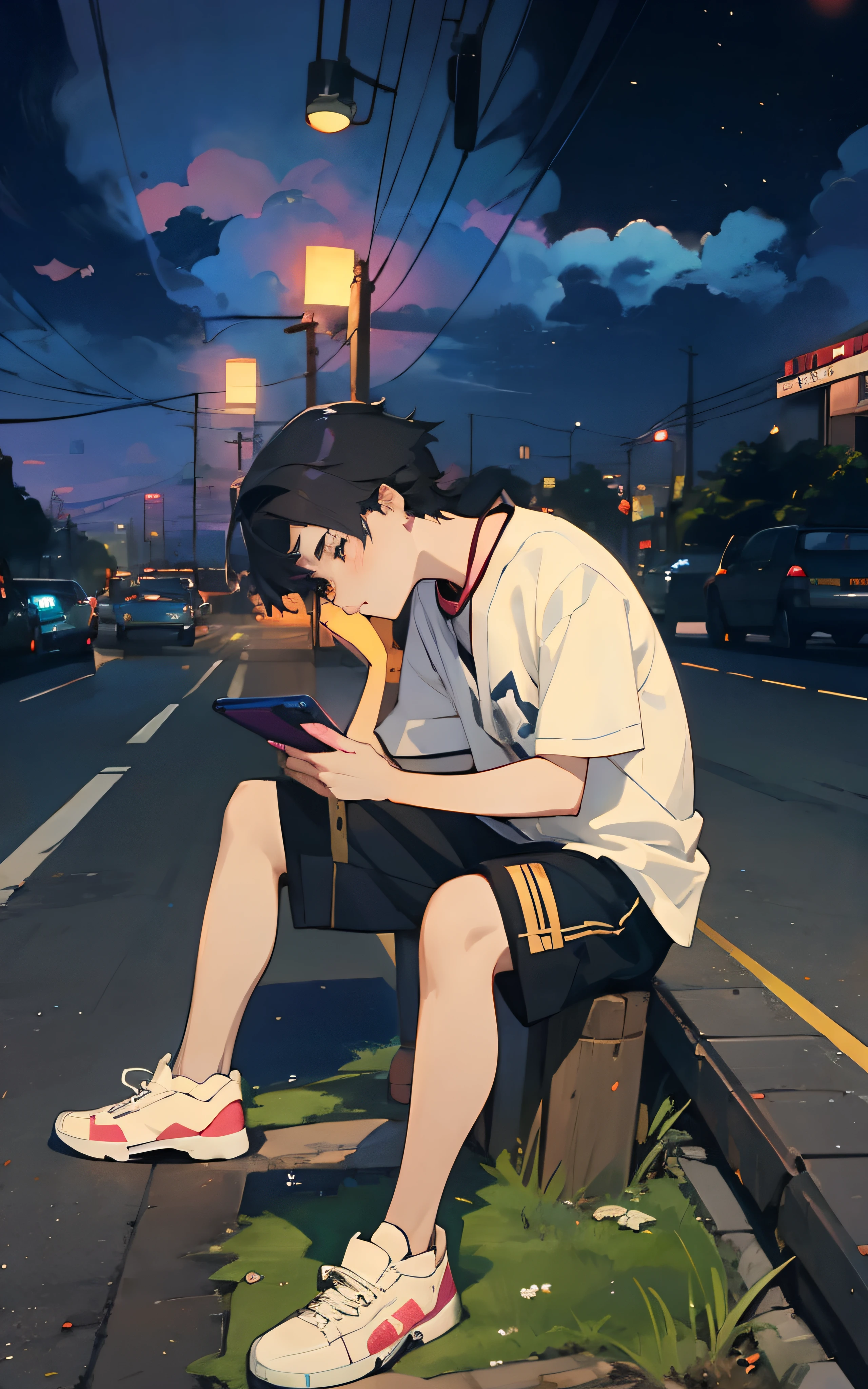 anime boy sitting on a bench looking at his phone, lofi artstyle, by Yuumei, artwork in the style of guweiz, anime aesthetic, anime boy, anime artstyle, anime style 4 k, digital anime illustration, anime wallaper, anime style. 8k, anime asthetic, 4k anime wallpaper, guweiz