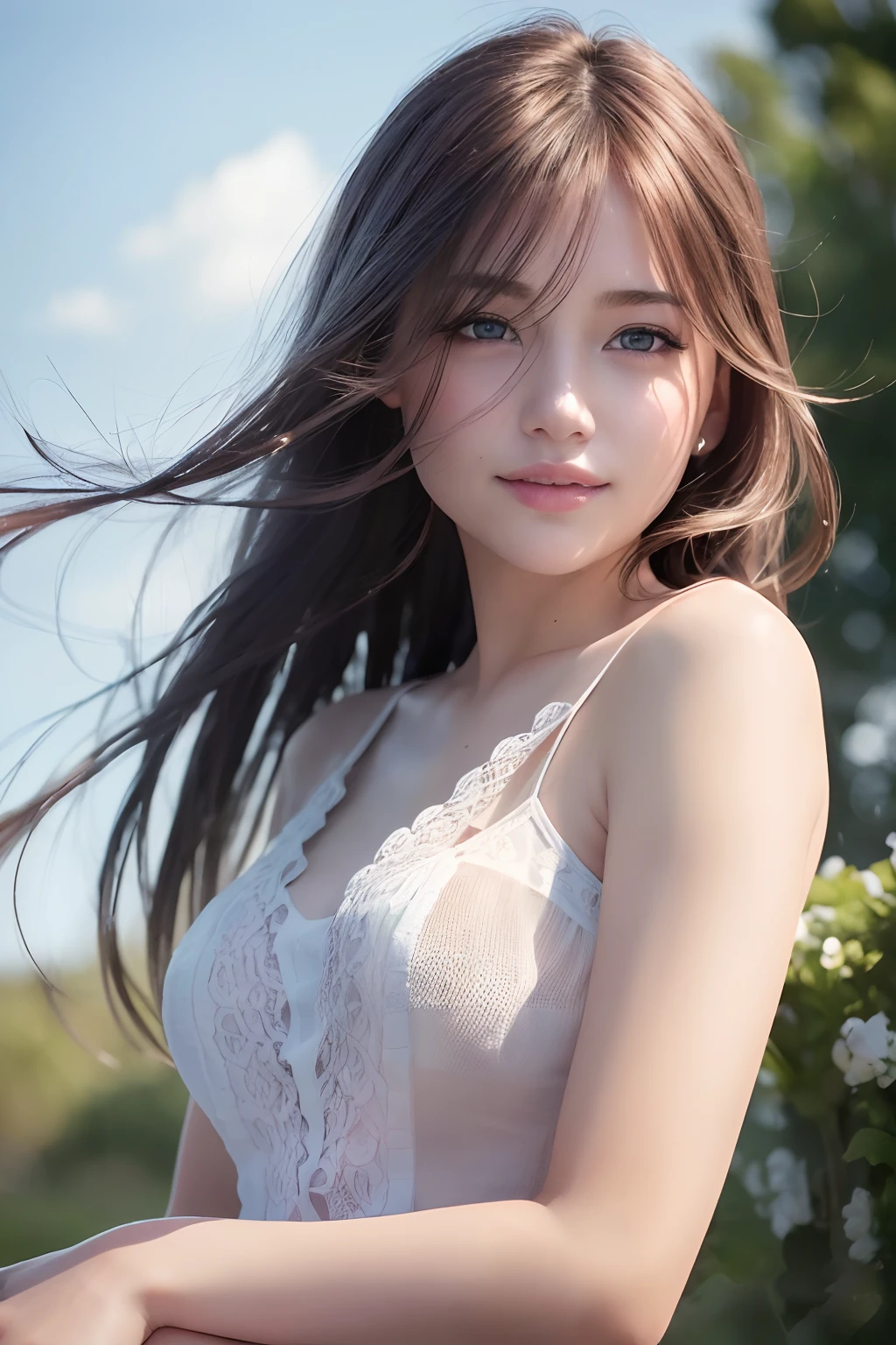 (8k, Best Quality, Masterpiece:1.2), (Realistic, Photorealistic:1.37), Ultra Detail, 1 Girl,Cute,Solo,Beautiful Detailed Sky,Date,(Blush),(Smile:1.15),(Closed Mouth)Small Breasts,Beautiful Detailed Eyes,(Long Hair: 1.2),Floating Hair NovaFrogStyle, Upper Body, Tank Top
