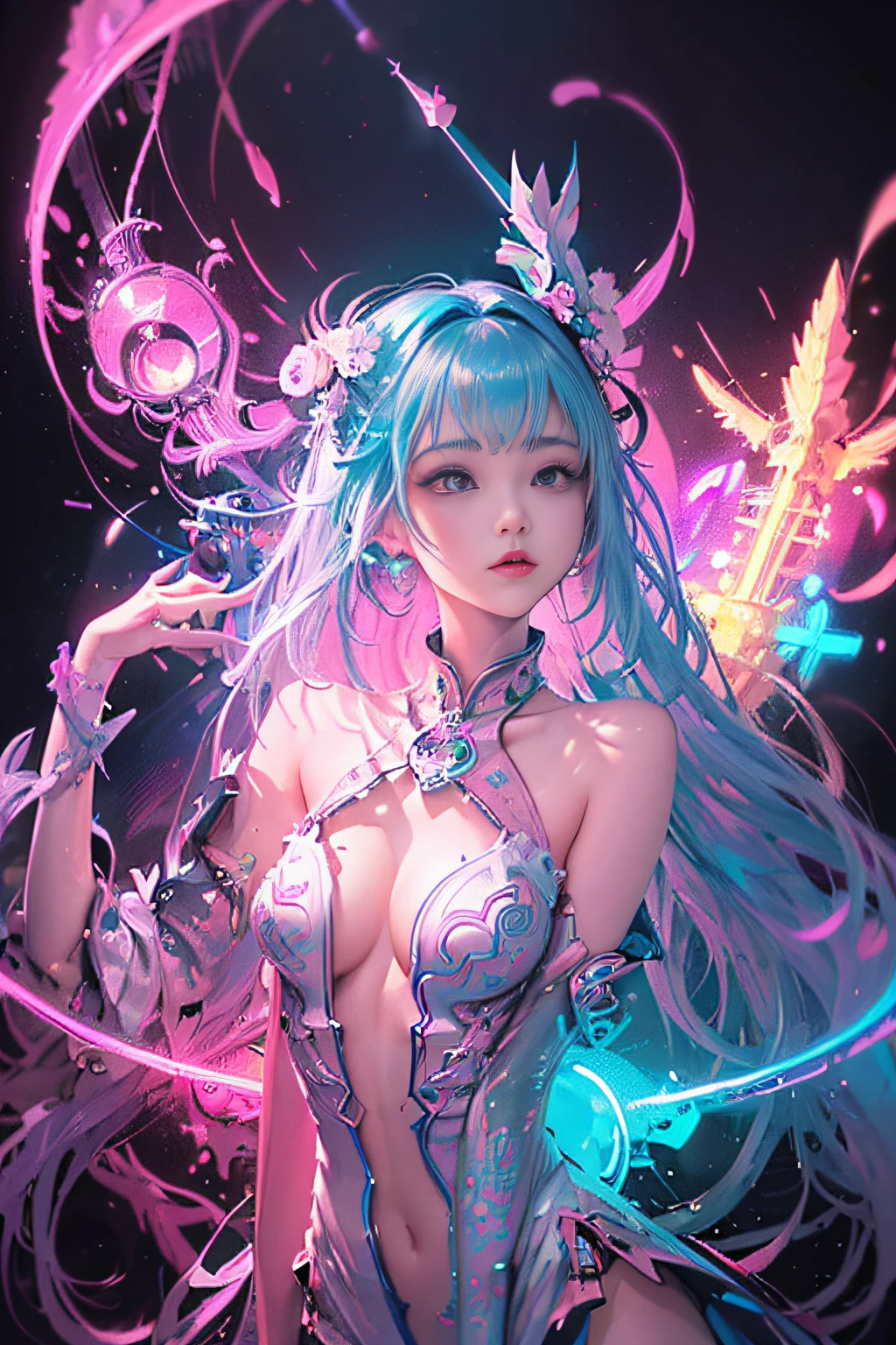 (masutepiece, of the highest quality, Best Quality, offcial art, Beautiful and aesthetic:1.2), (1girll:1.3), Extremely detailed,(Fractal Art:1.2),Colorful,highest details,( Zen Neon:1.2), (Dynamic Pose), (Abstract background neon lights:1.5), (Trident Dresses:1.2), (Shiny skin), (Many colors:1.4), Upper body ,Neon light,16 K,Full-HD