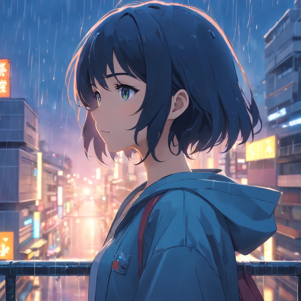 Anime Girl in the Rain, 1male people, wide black hair, 4K Anime Wallpapers, No boys after the rain, Anime Boy Profile, Manga wallpapers 4K, anime wallpaper 4k, 4K Anime Wallpapers, artwork in the style of guweiz, Badass Anime 8K, anime art wallpaper 4k, anime art wallpaper 4k, rainy evening, Anime art wallpaper 8k, Highly detailed background on the rooftop of the city, platforms, CityView, Detal Face, Detailed complex occupancy background, disorderly, splendid, milkyW, highly detailedskin, Realistic details of skin, Pores are visible, Clear focus, Volume Fog, 8K UHD, Digital SLR, hightquality, film grains, With fair skin, photorealisim, nffsw, Futuristic dystopian megalopolis, translucent